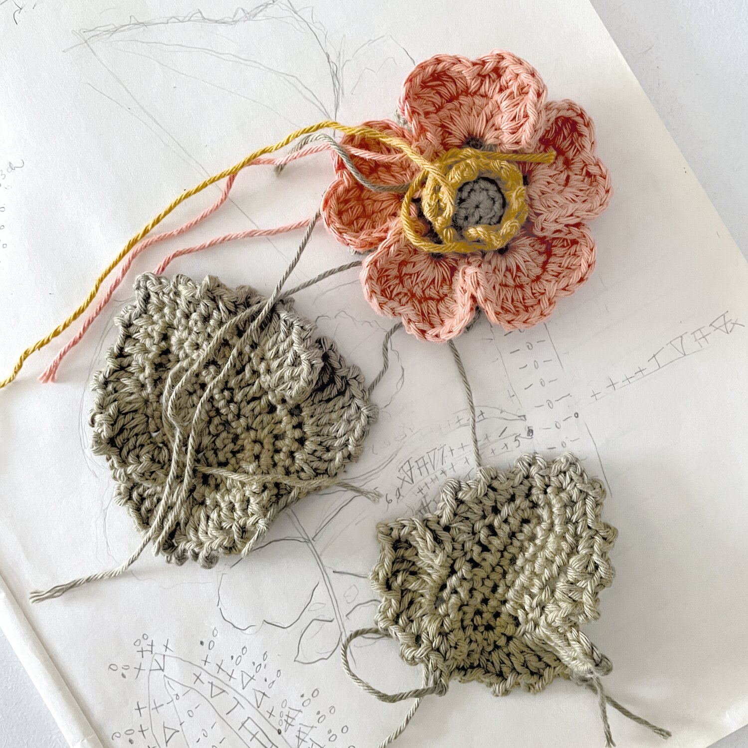 Ricorumi In the Meadow gehäkelte Blume und Blätter aus Creative Ricorumi dk Garn auf Zeichenvorlage, zeigt Detailstruktur der Häkelarbeit