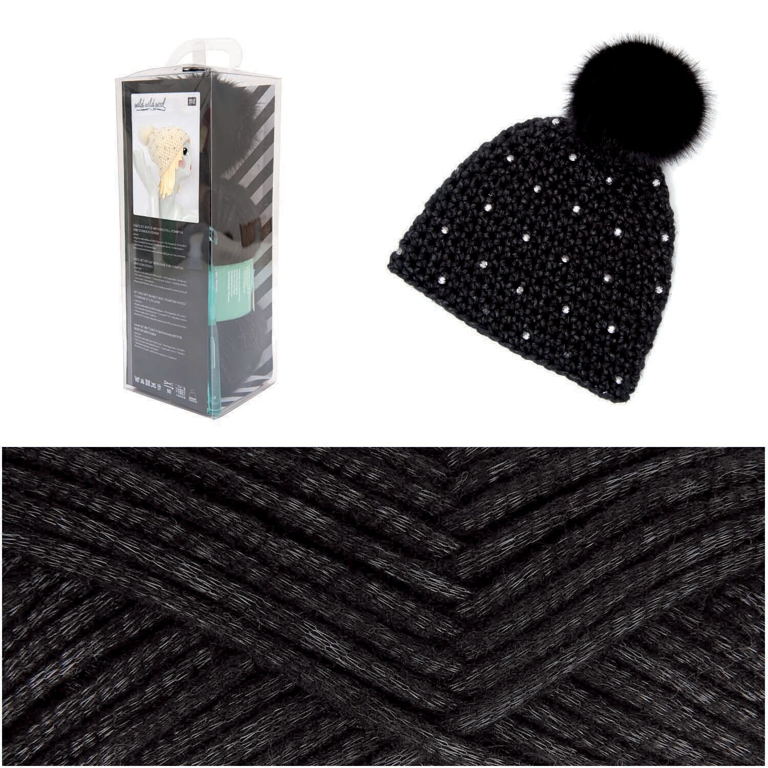 Wild Wild Wool Häkelset Mütze mit Bommel und Strass Wild Wild Wool Häkelset Mütze mit Bommel und Strass