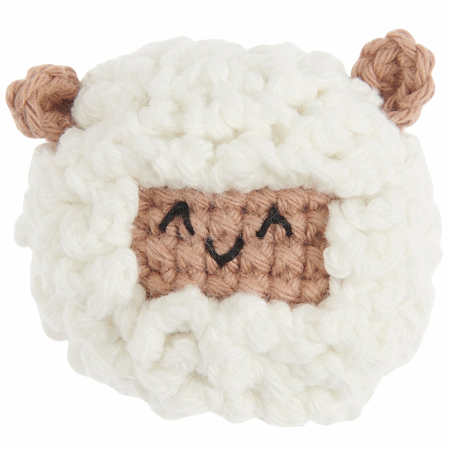 Ricorumi Rico Chingus, gehäkeltes Schaf in Weiß und Nougat, lächelndes Gesicht, weiche Textur.