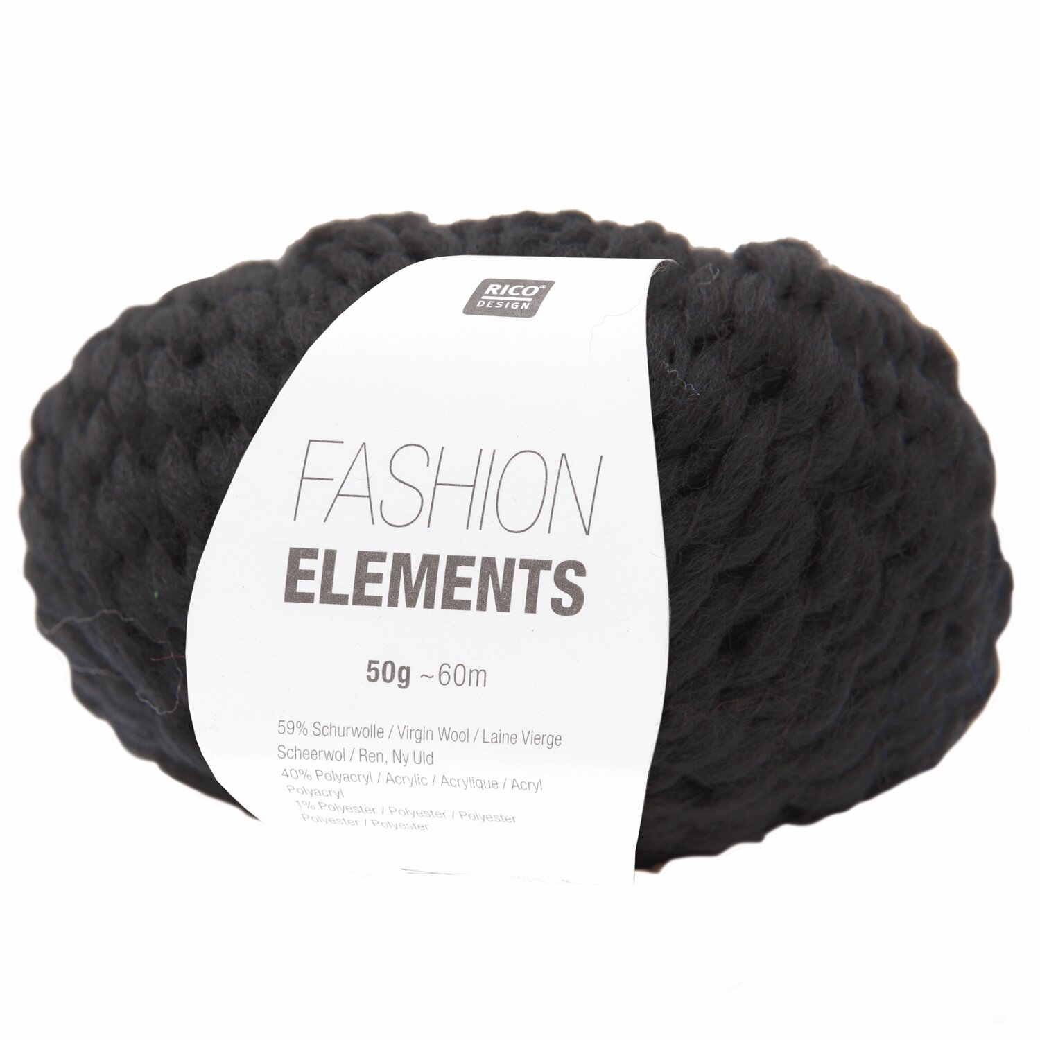 Fashion Elements: Schwarzes Garn von Rico Design, 50g, 60m, ideal für kreative Strickprojekte.
