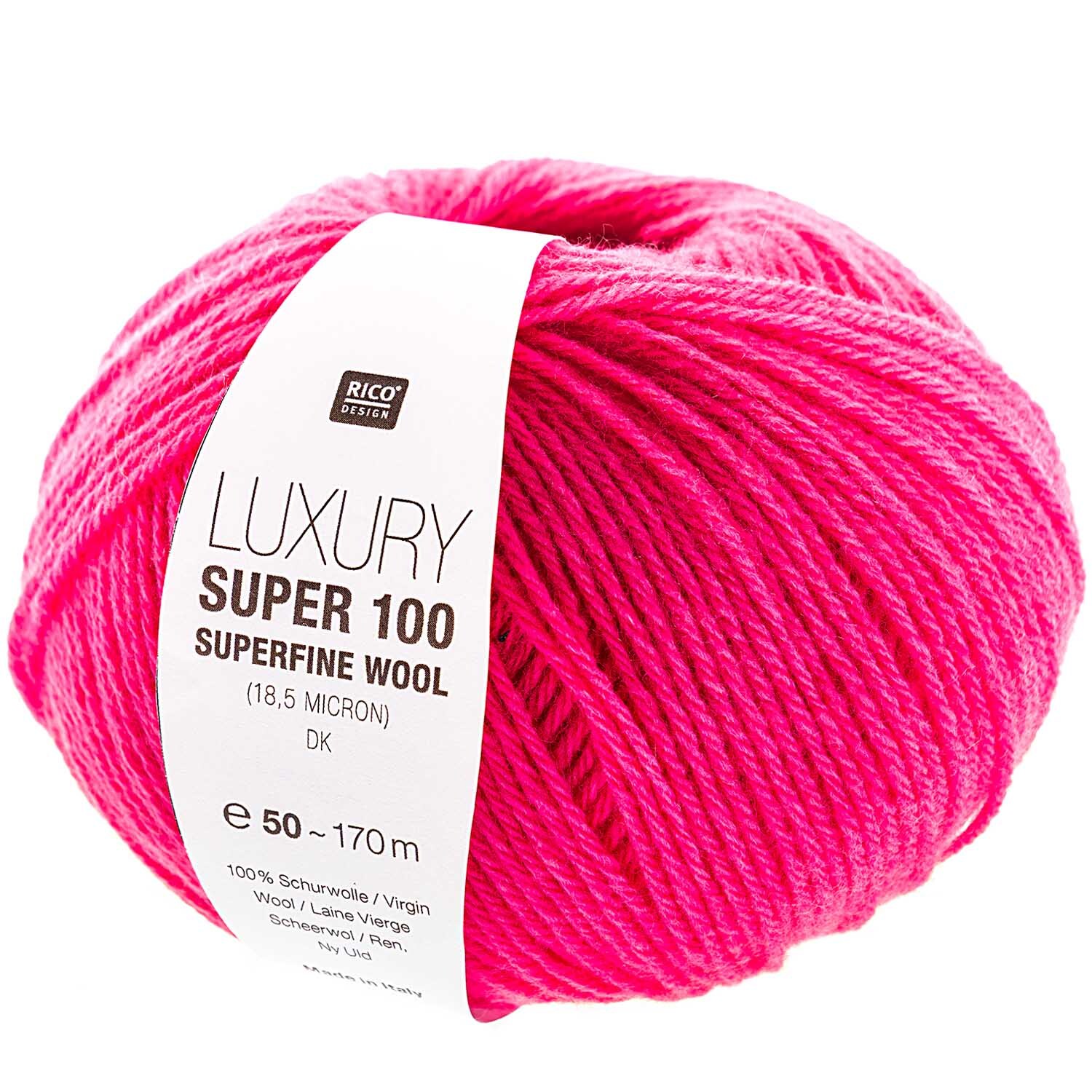 Luxury Super 100 Superfine Wool dk 50g 165m Farbe Pink von Rico Design Luxury Super 100 Superfine Wool dk: Weiches, pinkes Garnknäuel von Rico Design, ideal für feine Strickprojekte.
