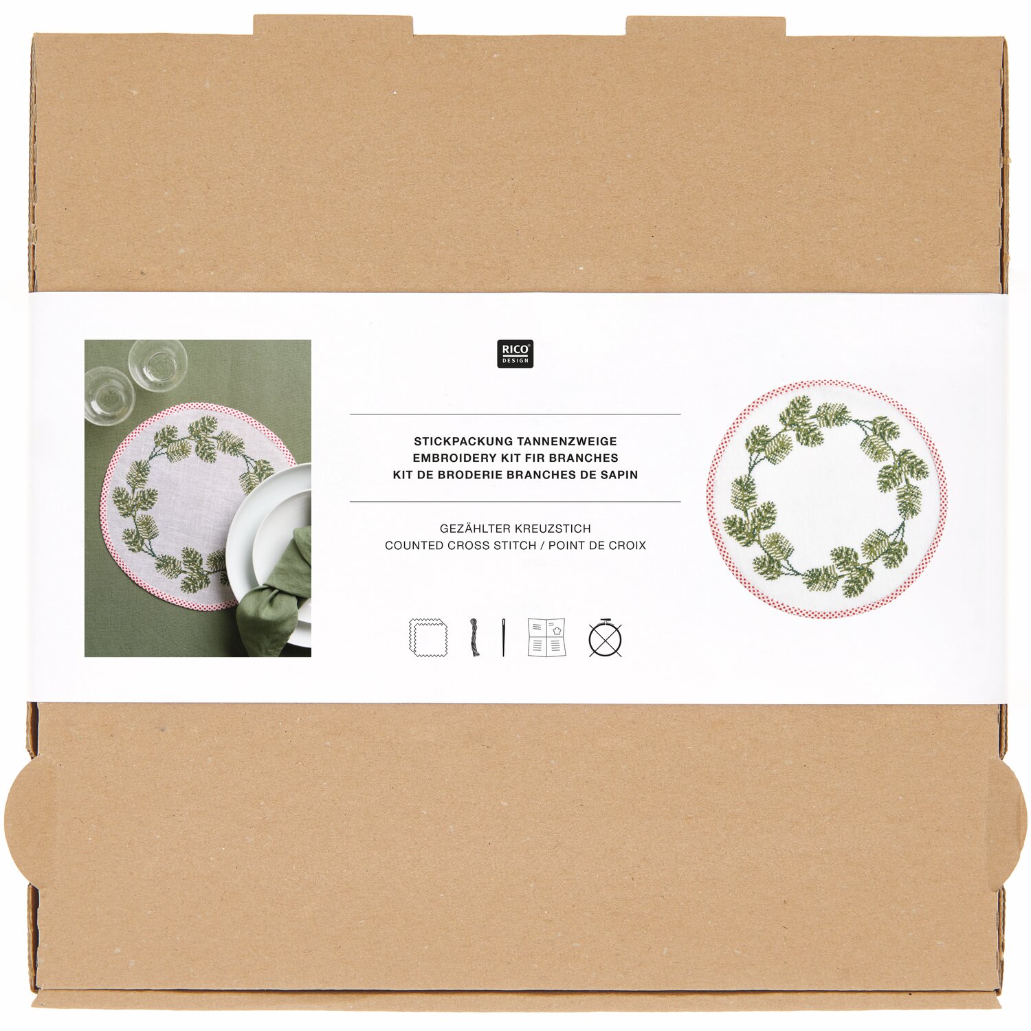 Stickpackung Platzsets rund Tannenzweige 2 Stück Ø30cm von Rico Design