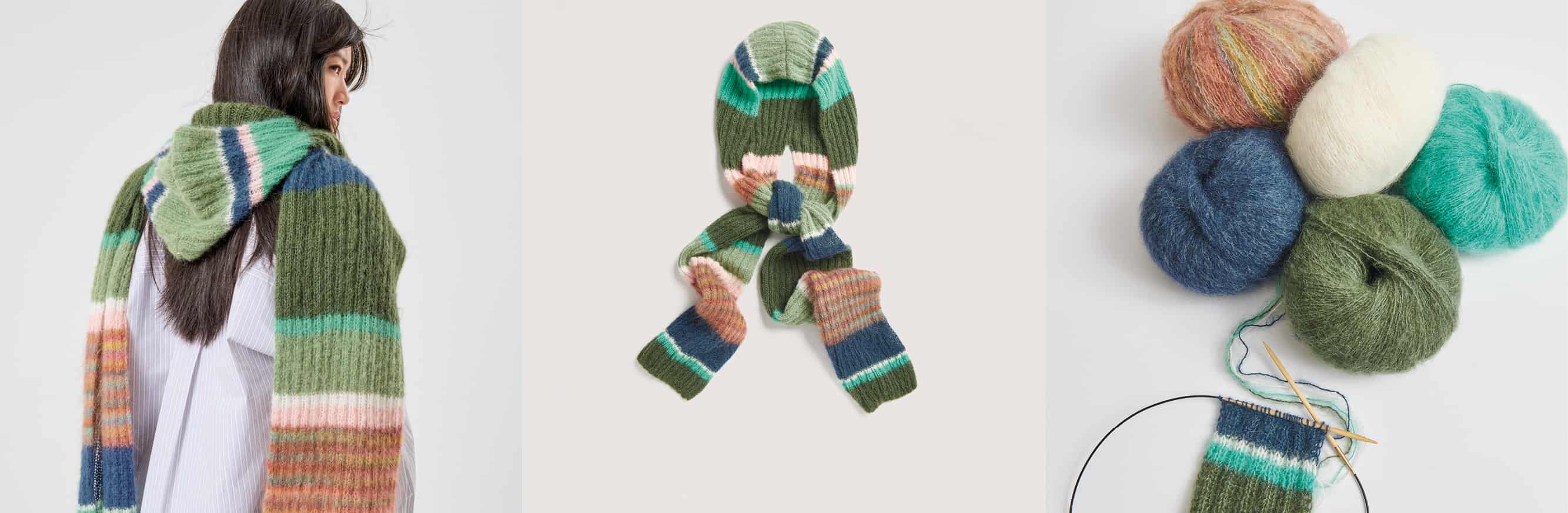 Gestrickter Kapuzenschal Modell 24 aus Made by Me No. 21 getragen an weiblichem Model und auf einem Bügel. Daneben Wollknäuel in verschiedenen Farben und Strickstück auf Stricknadeln.