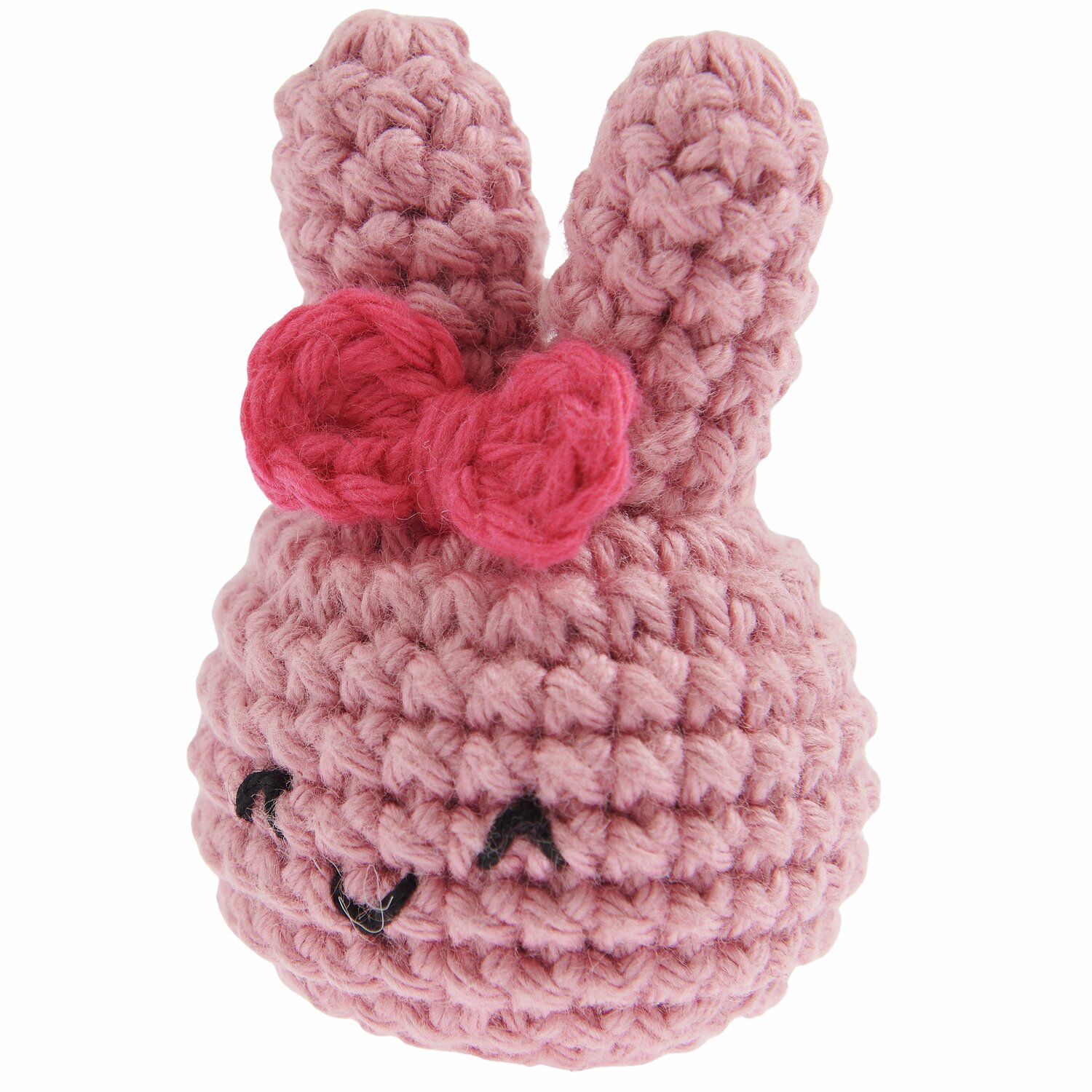 Ricorumi Häkelset Schlüsselanhänger - Chingu Animals: Rosa gehäkelter Hase mit roter Schleife, lächelndes Gesicht, von Rico Design.