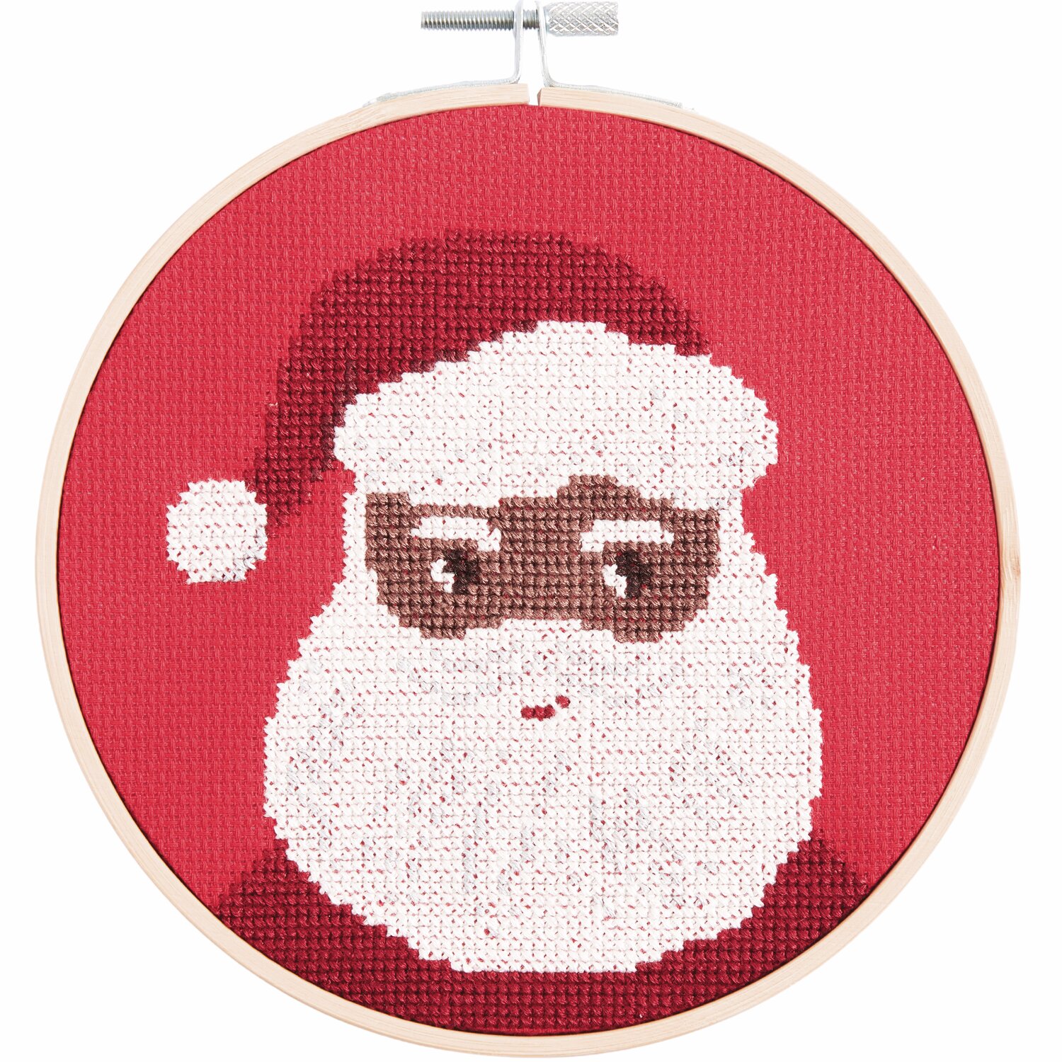 Stickpackung Portrait Santa: Rotes Stickbild von Rico Design mit Weihnachtsmann-Motiv, Ø15cm.