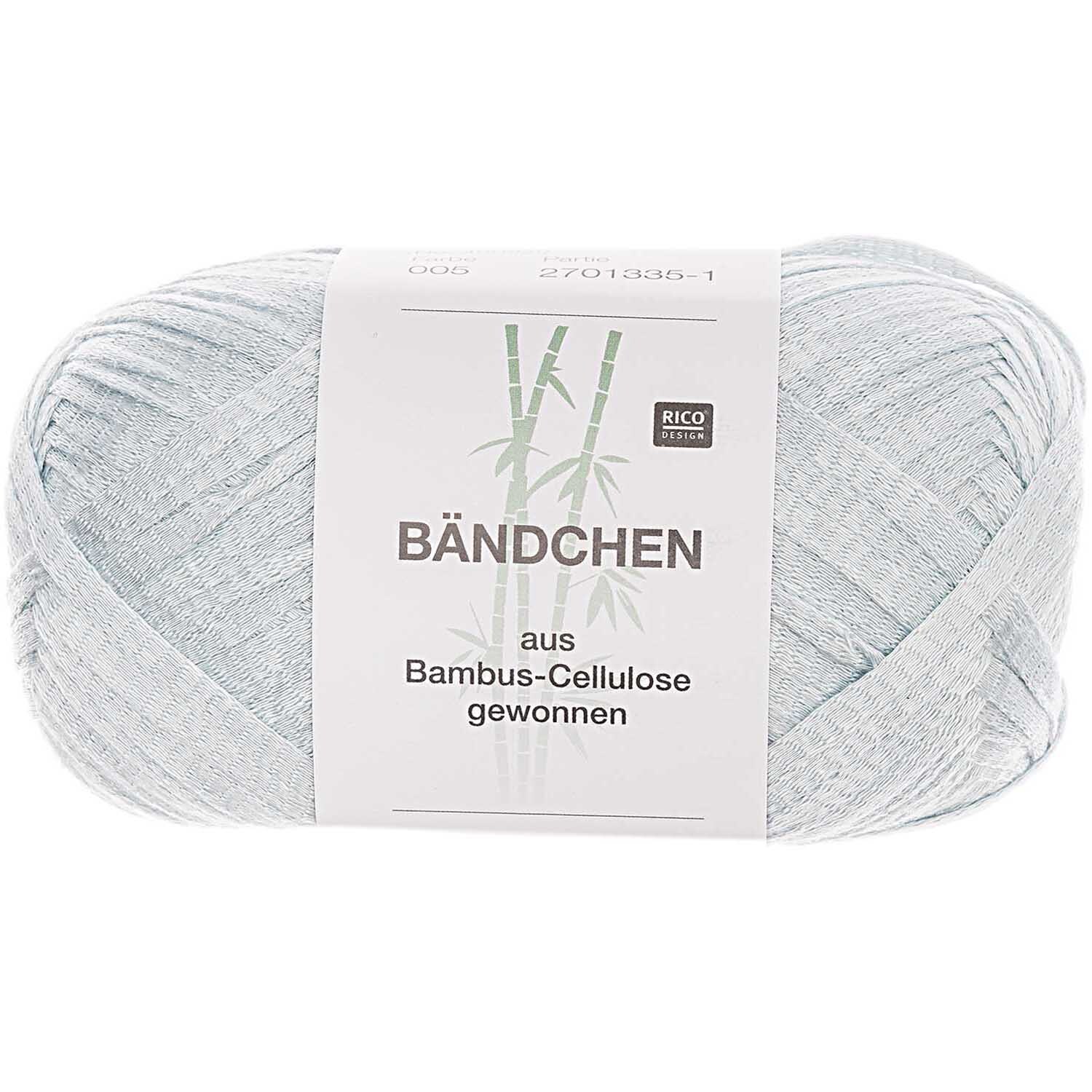 Bändchen 100g 120m Farbe Hellblau von Rico Design Bändchen von Rico Design in Hellblau, 100g 120m, aus Bambus-Cellulose, ideal zum Stricken.