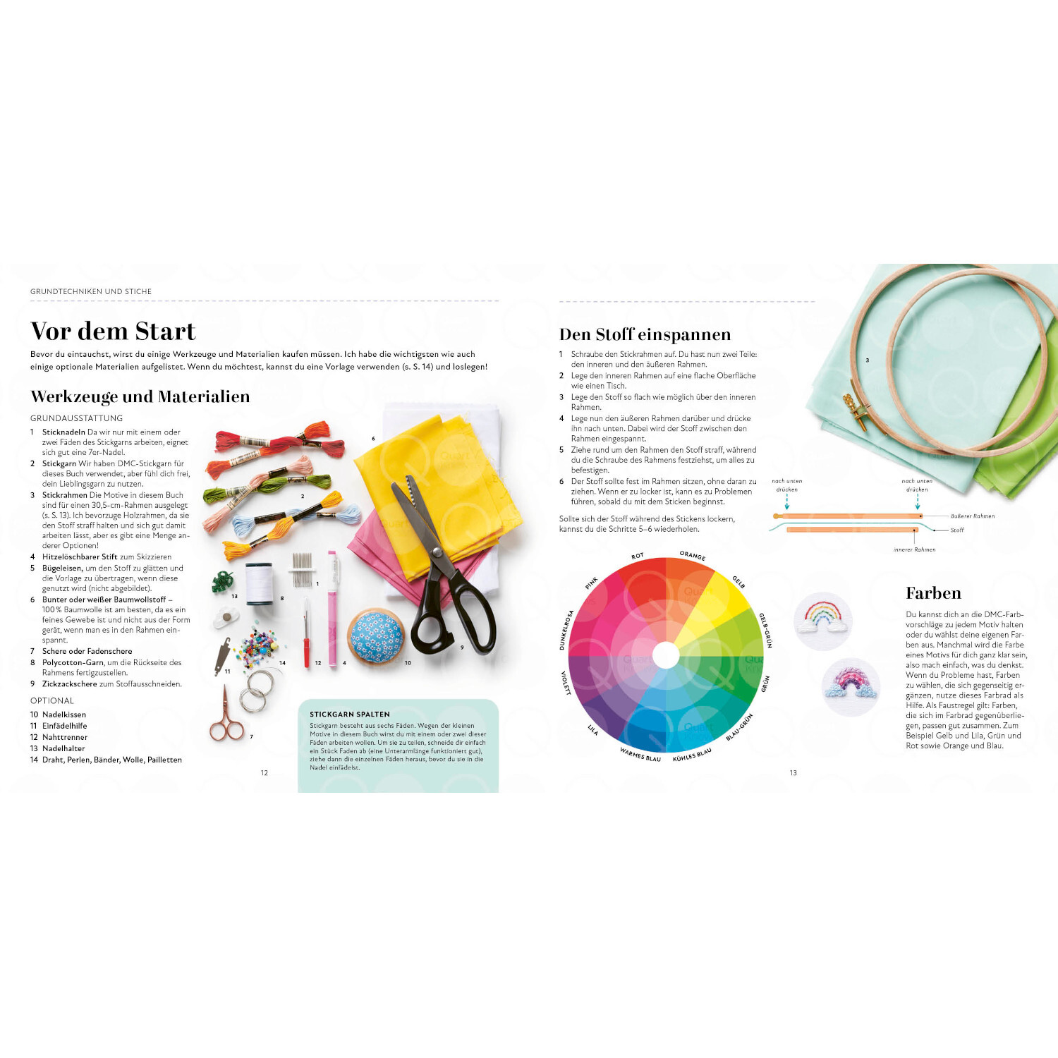 1000 x Sticken - Die große Motivsammlung: Bunte Stickmaterialien und Werkzeuge auf einem Tisch, ideal für kreative Projekte.