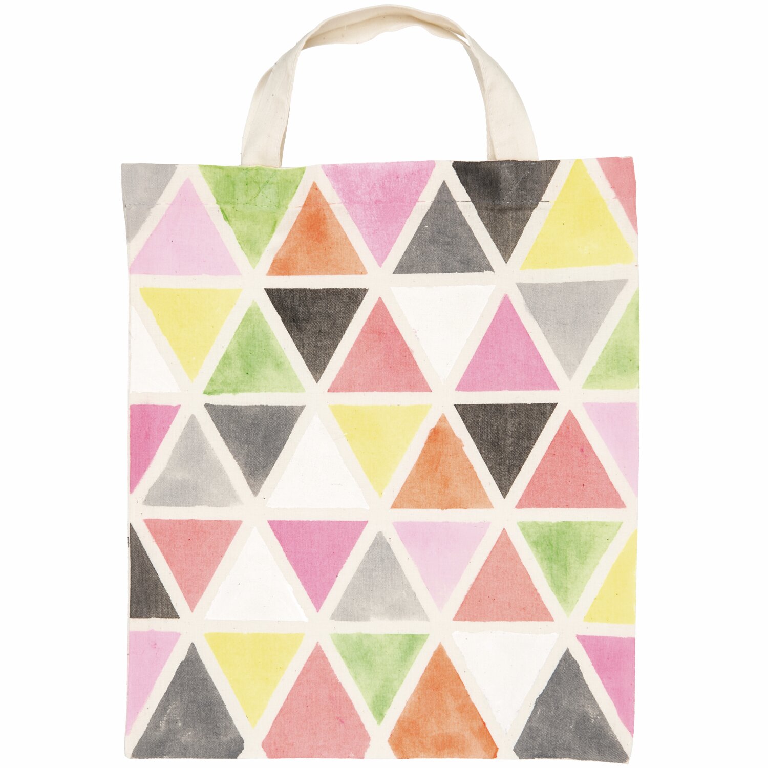 Textilfarben neon: Stofftasche mit bunten Dreiecken in Neonfarben, ideal für kreative Designs.