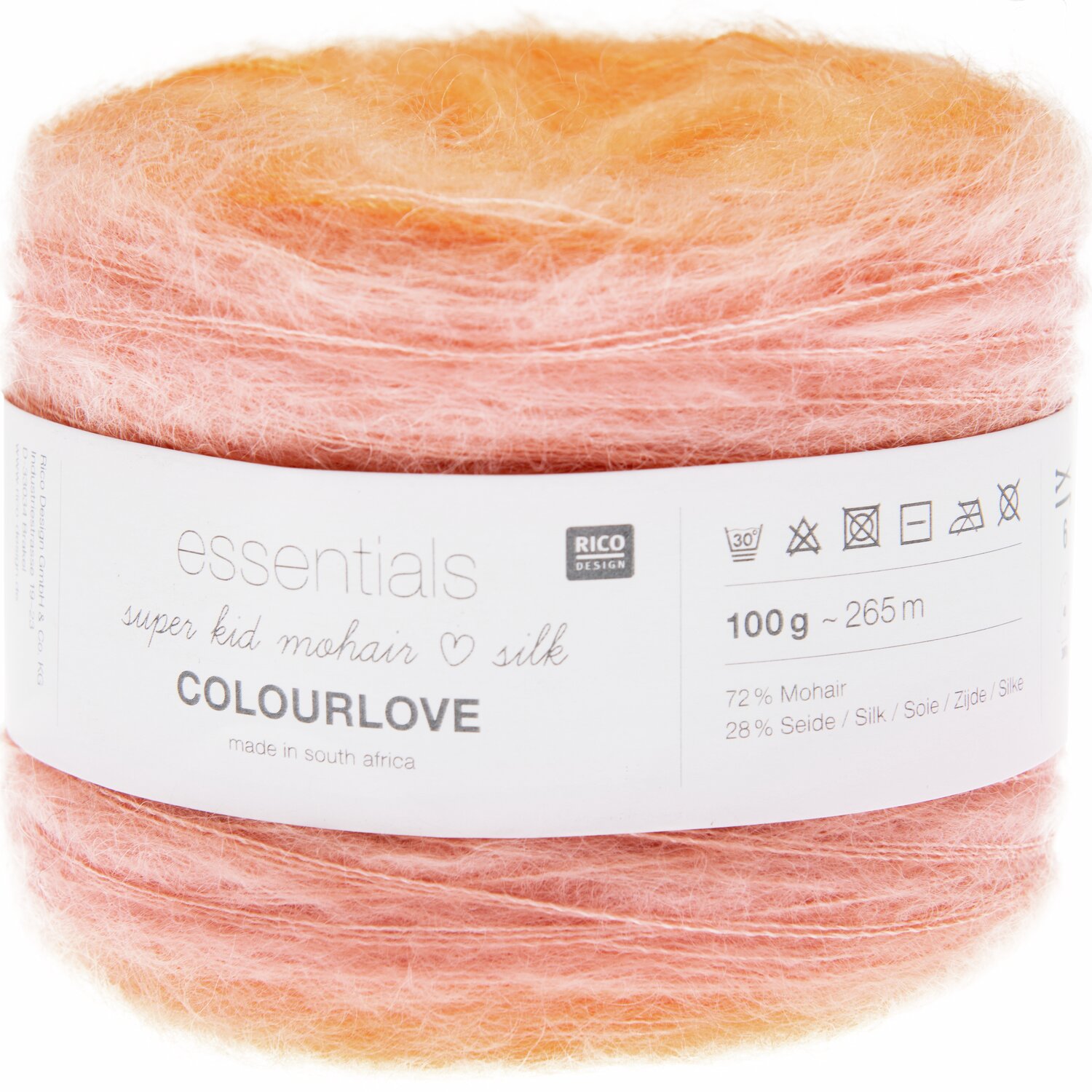 Essentials Super Kid Mohair Loves Silk Colourlove, lachsfarbenes Garn von Rico Design, 100g, 265m. Ideal für weiche, luxuriöse Strickprojekte.