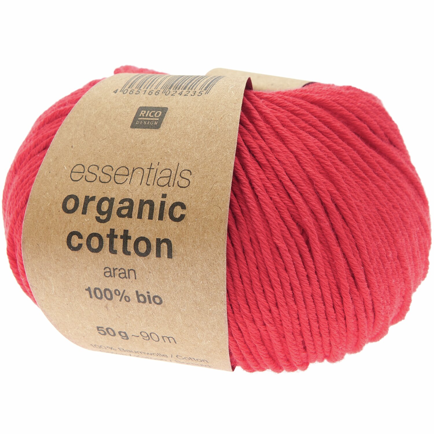 Essentials Organic Cotton aran Garn in Erdbeer von Rico Design, 50g Knäuel, 90m Länge.