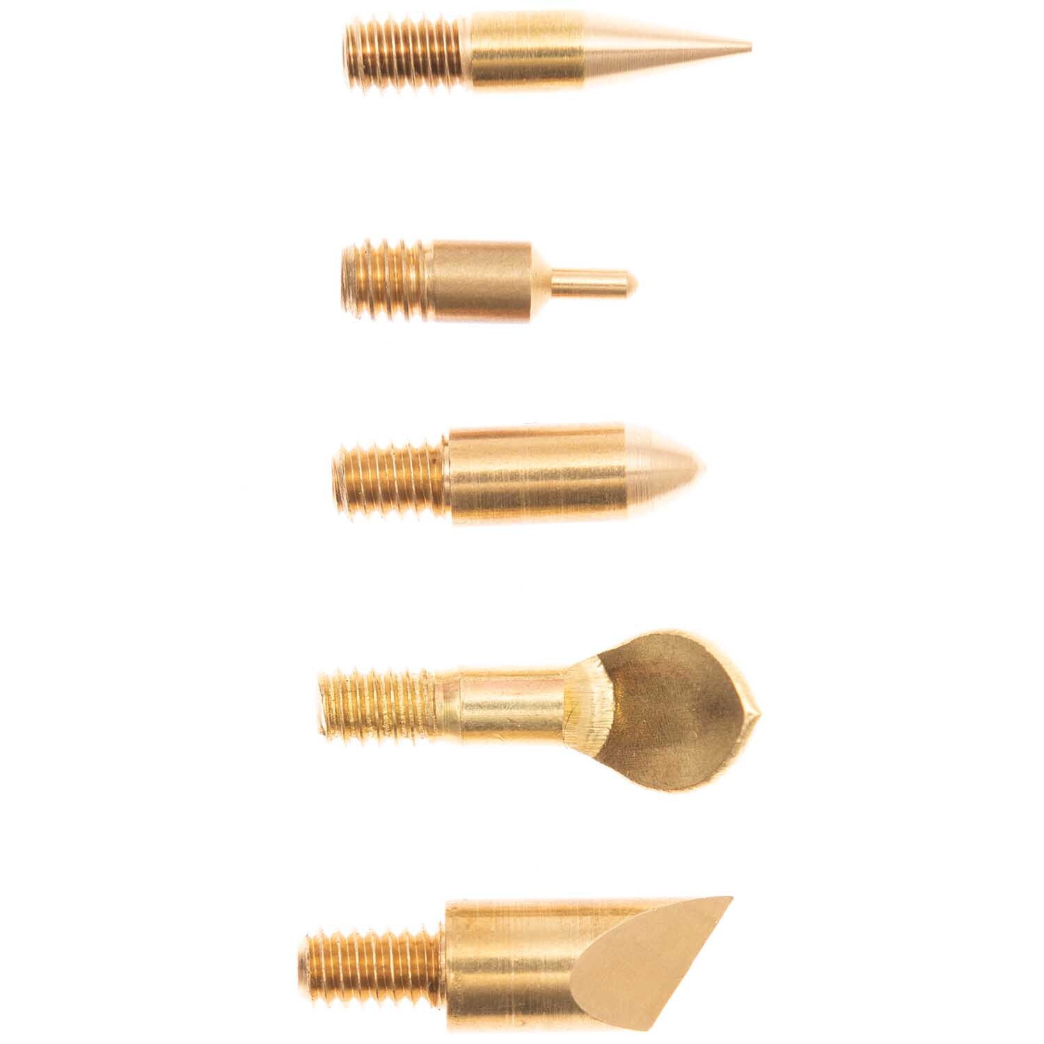 Brandmalkolben-Set mit fünf goldenen Aufsätzen von Rico Design, ideal für kreative Holzarbeiten.