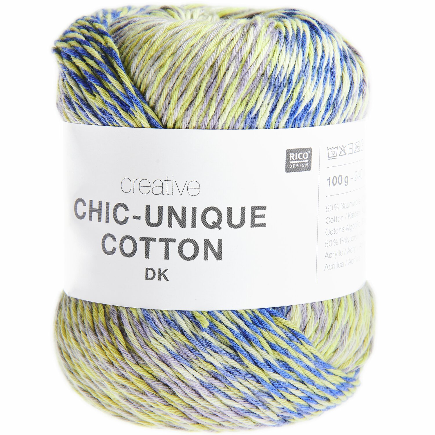 Creative Chic-Unique Cotton dk, bunte Wolle von Rico Design, 100g, 240m, ideal für Strickprojekte.