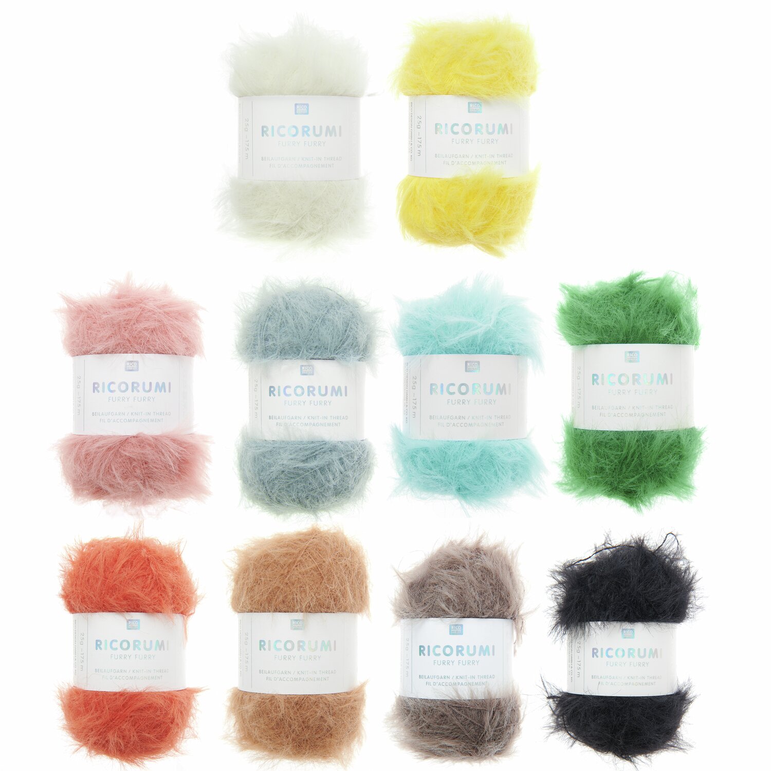 Ricorumi Furry Furry Sortiment I, 100-teilig, 2,5 kg. Zehn bunte Garnknäuel in Weiß, Gelb, Koralle, Türkis, Tanne, Patina, Karamell, Holz und Schwarz.