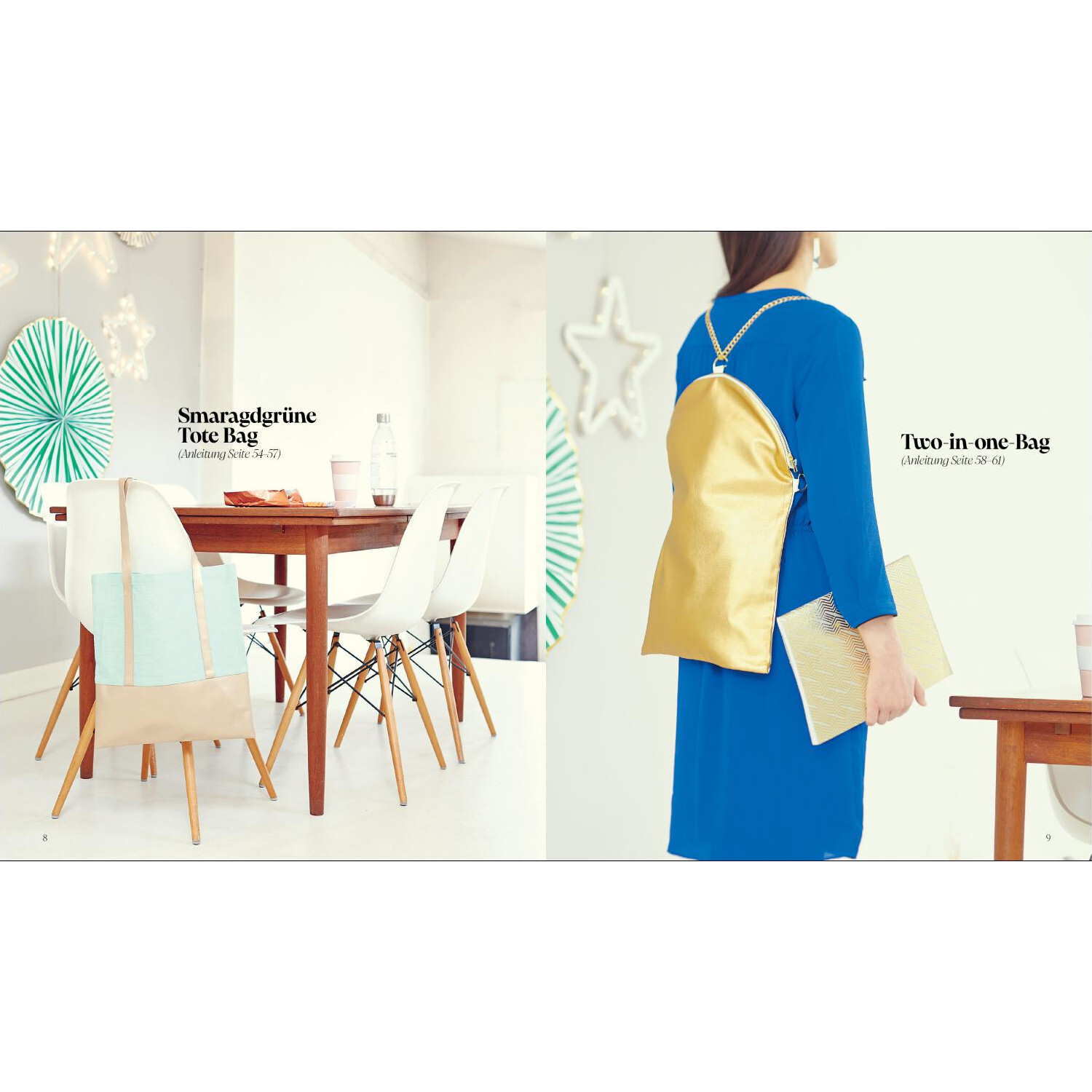 Kleine kreative Auszeit: Coole Taschen nähen. Smaragdgrüne Tote Bag und goldene Two-in-one Bag im modernen Wohnambiente.