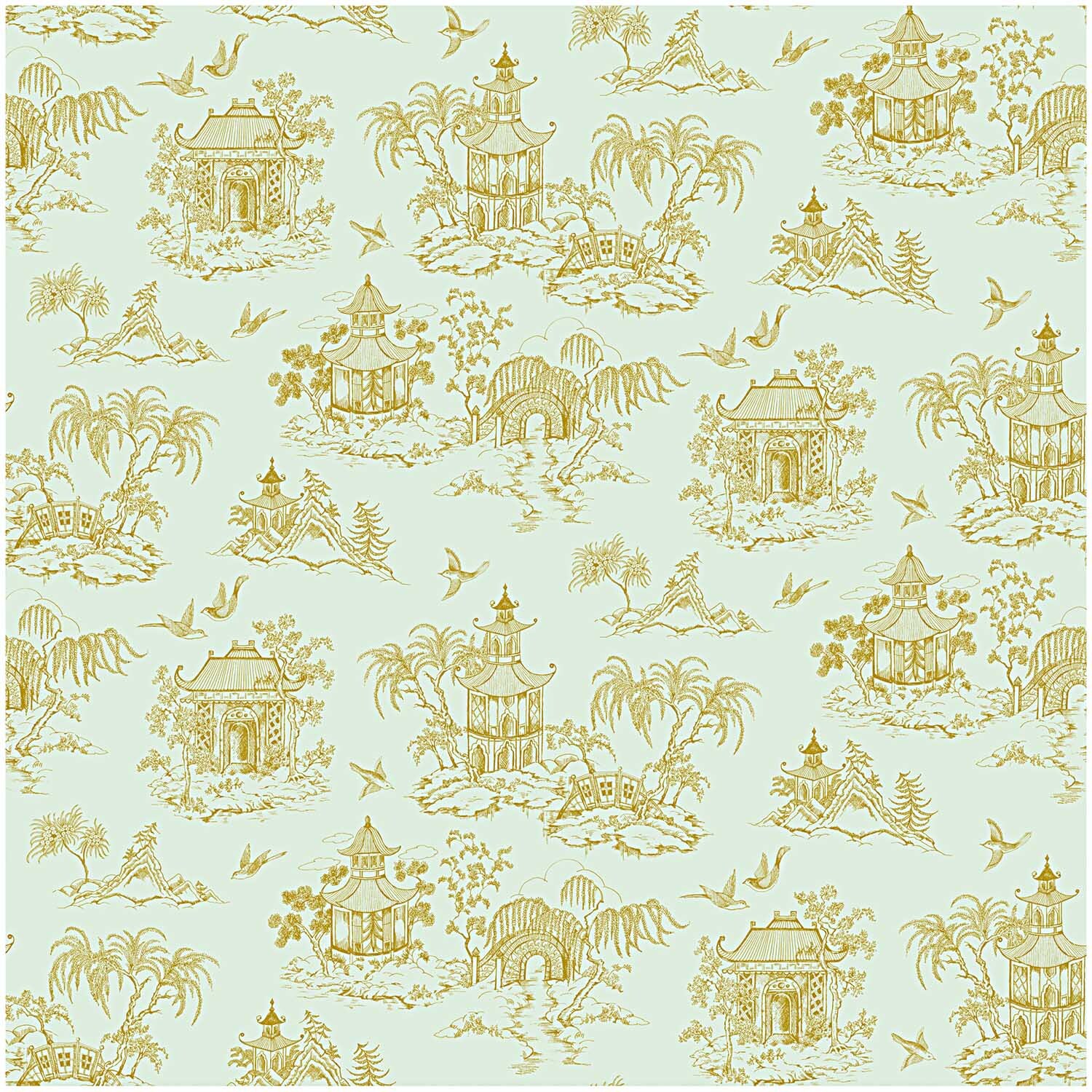 Stoff japanische Häuser mint-gold 50x140cm Stoff japanische Häuser mint-gold 50x140cm