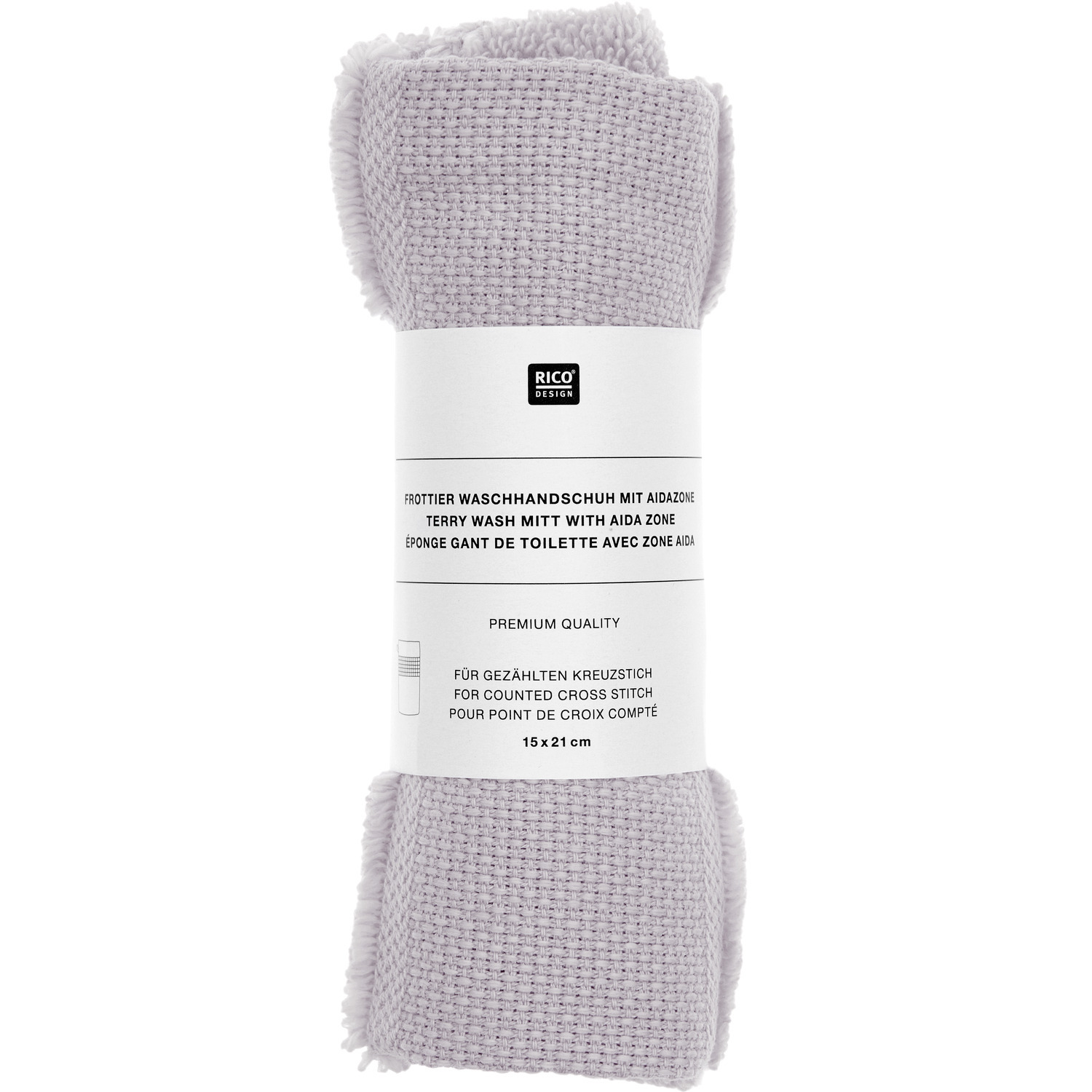 Waschhandschuh in Flieder von Rico Design, 15x21cm, GOTS-zertifiziert, aufgerollt mit Etikett.