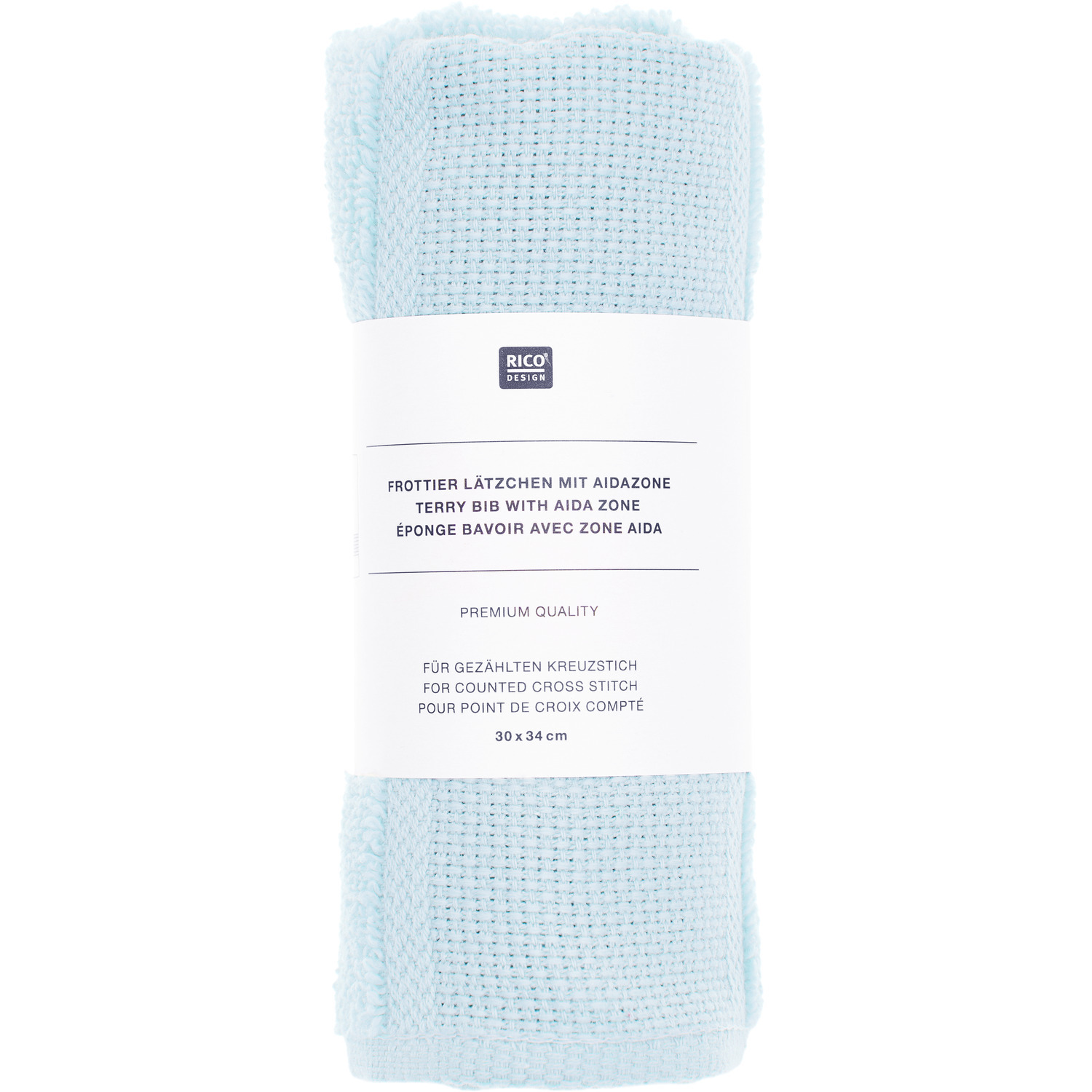 Lätzchen von Rico Design in Hellblau, 30x34cm, GOTS-zertifiziert, ideal für Kreuzstich.