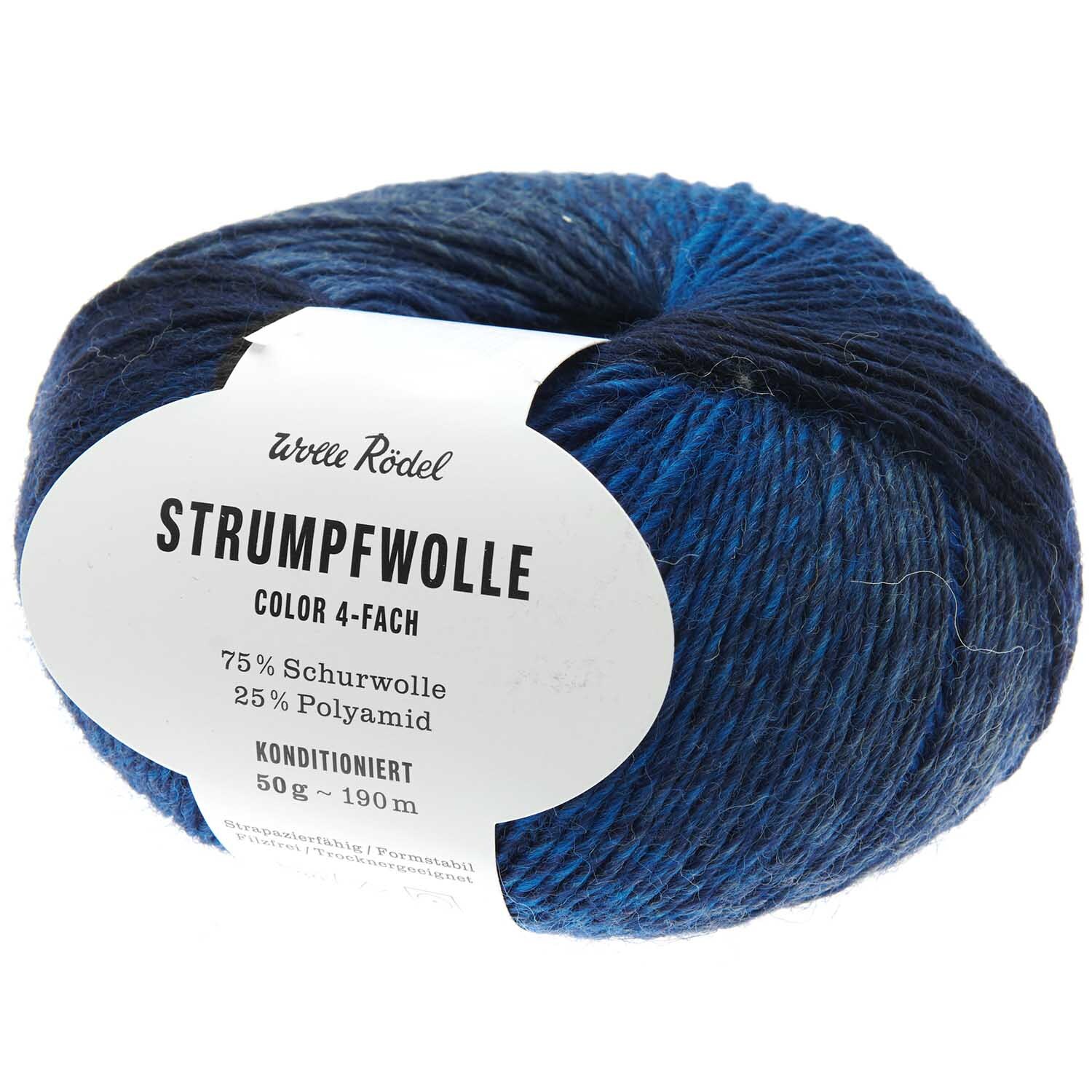Strumpfwolle Color in Marine Mix von Wolle Rödel, 50g Knäuel, ideal für Strickprojekte.