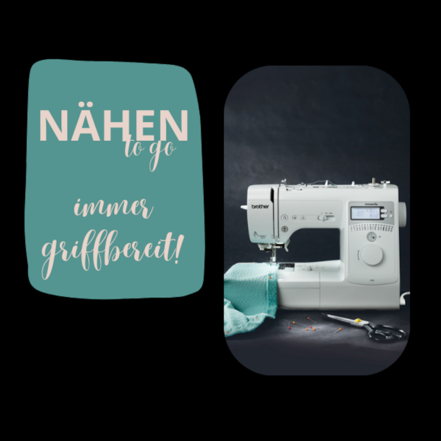 Nähen to go: Moderne Nähmaschine auf dunklem Hintergrund, bereit für kreative Projekte.