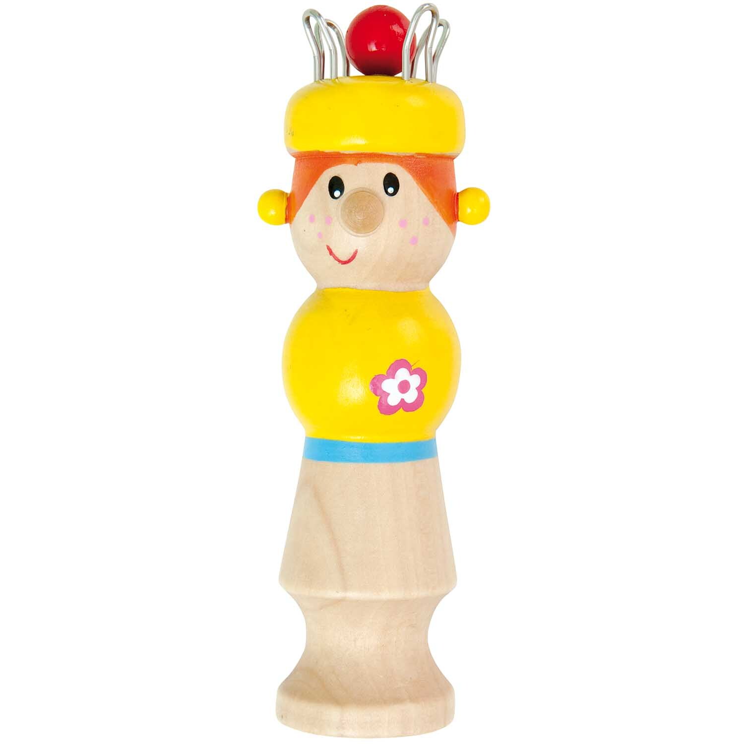 Strickliesel Cathy Gelb: Bunte Strickhilfe aus Holz mit gelbem Oberteil und rotem Kopf. Ideal für kreative Handarbeiten.