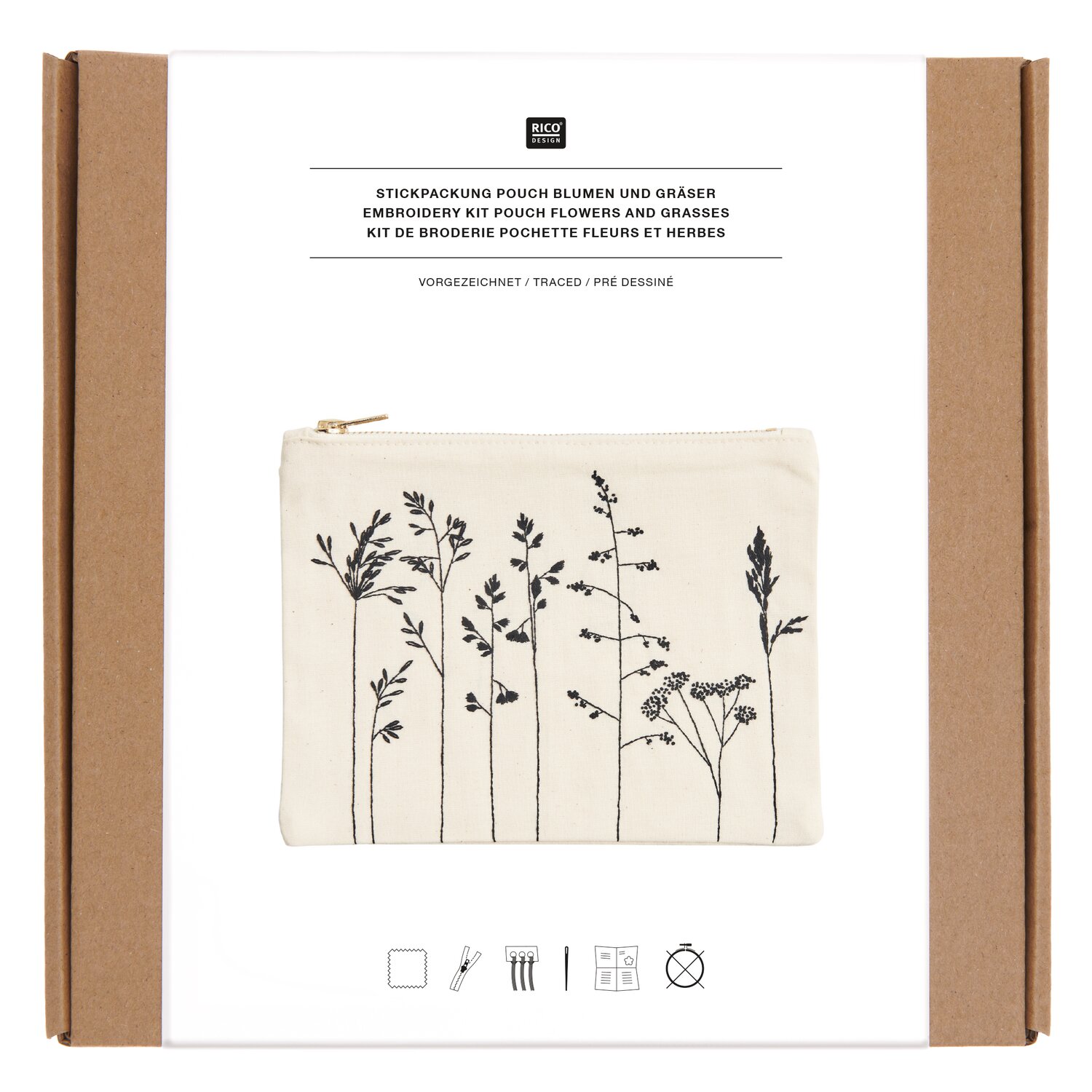 Stickpackung Vorgezeichnet Pouch Blumen und Gräser 22,5x17,5cm von Rico Design