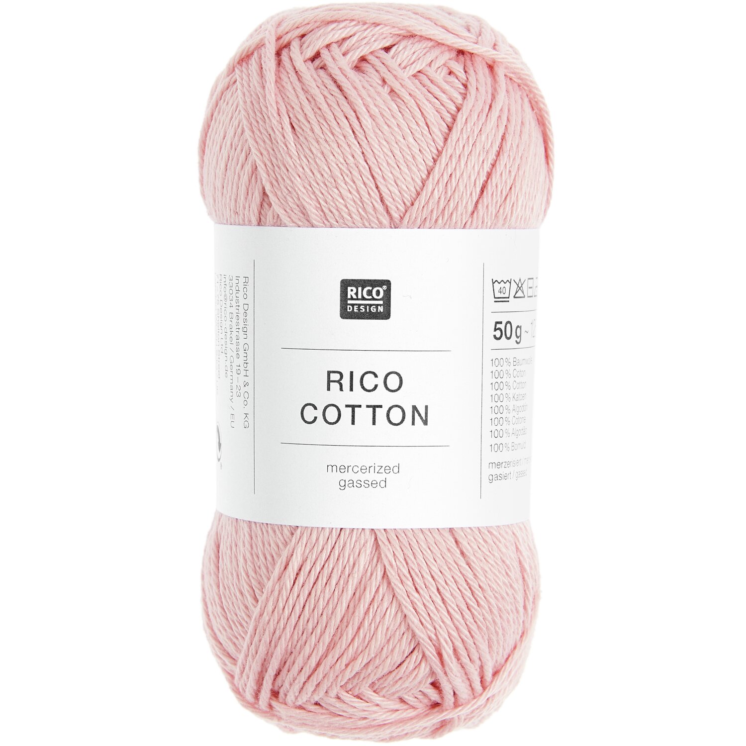 Rico Cotton: Weiches, mercerisiertes Garn in zartem Rosa, 50g Knäuel, 125m Lauflänge. Ideal für Strick- und Häkelprojekte.