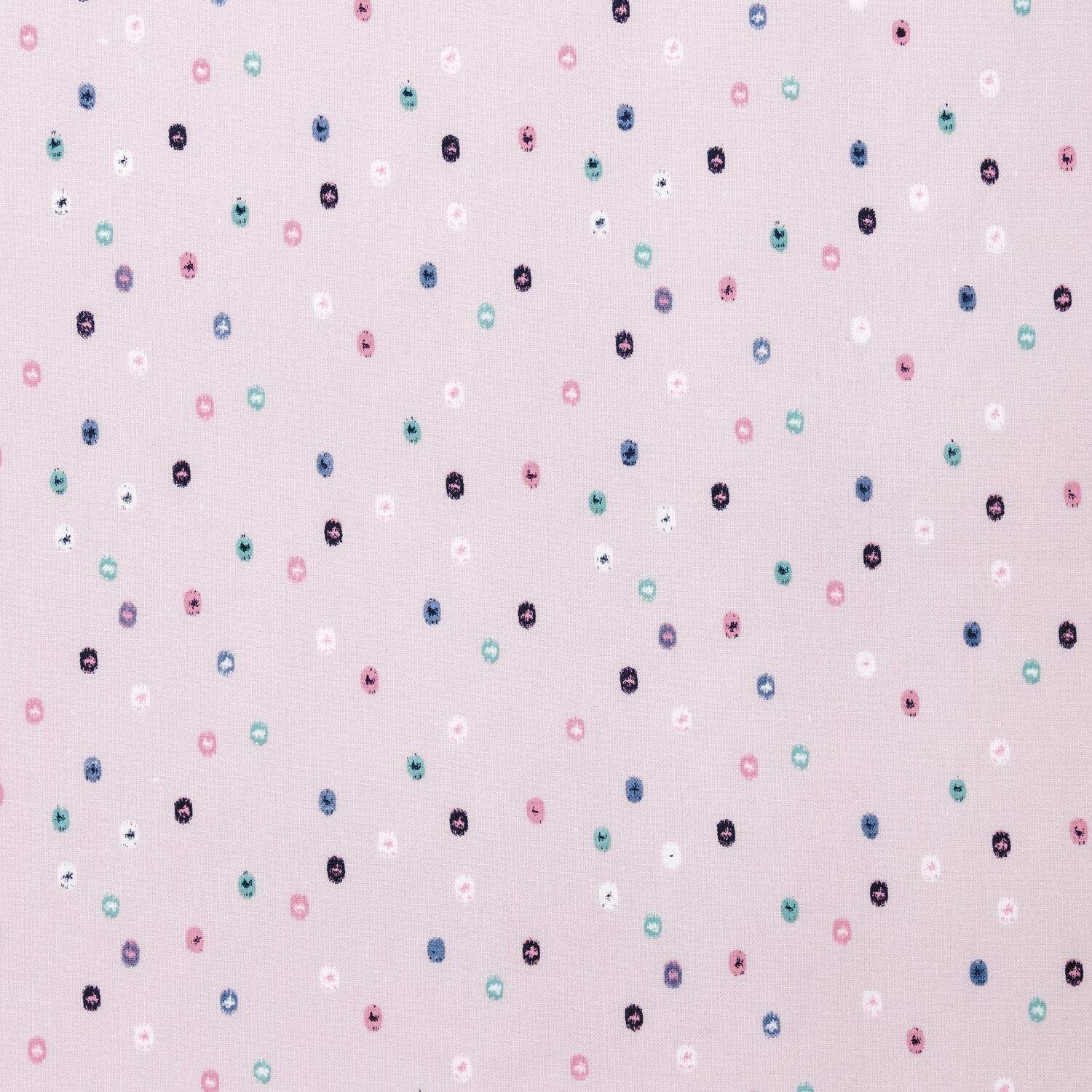 Druckstoff grafische Punkte flieder 140cm: Stoff mit bunten Punkten auf fliederfarbenem Hintergrund. Ideal für kreative Nähprojekte.