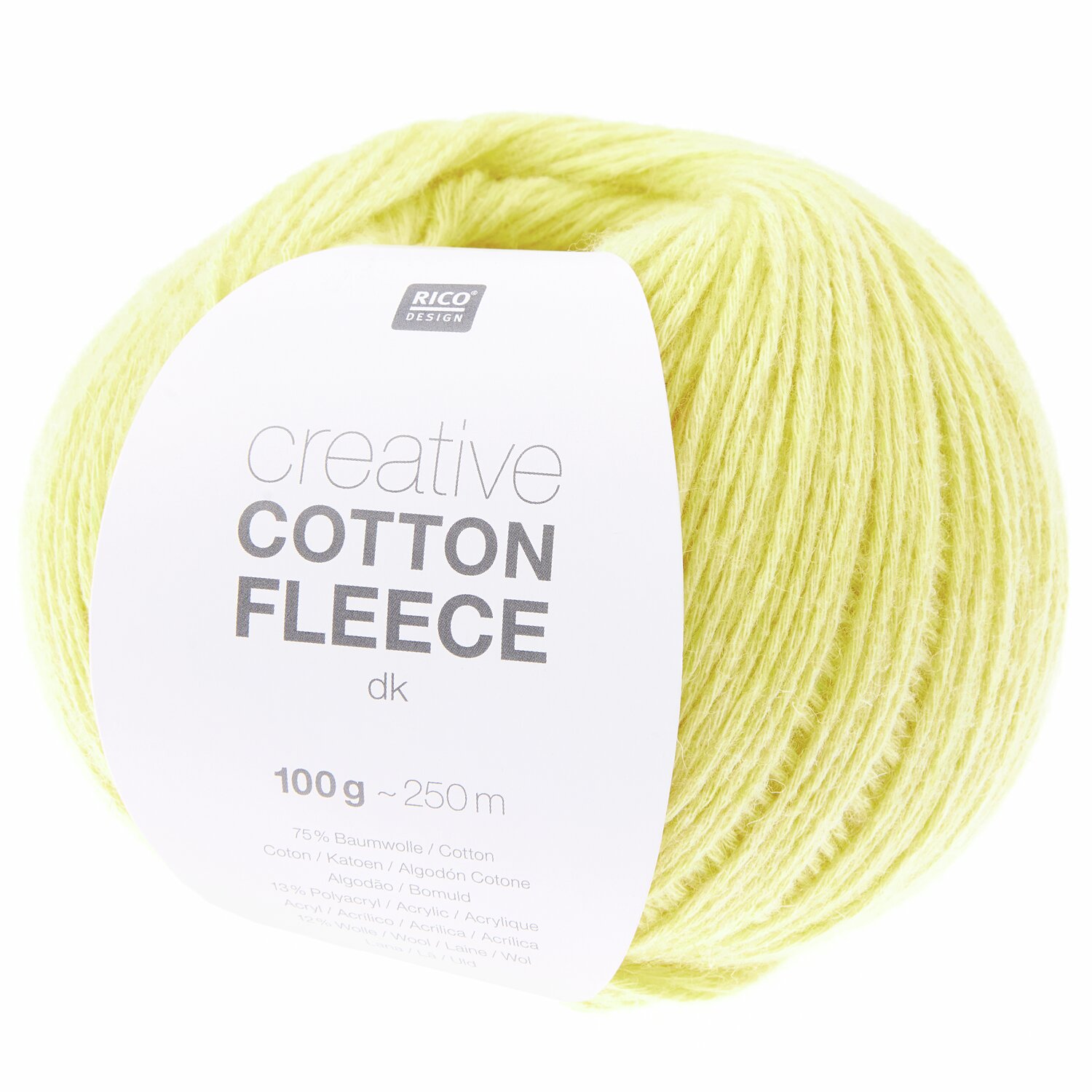 Creative Cotton Fleece dk, gelbes Garn von Rico Design, 100g, 250m, ideal für Strickprojekte.