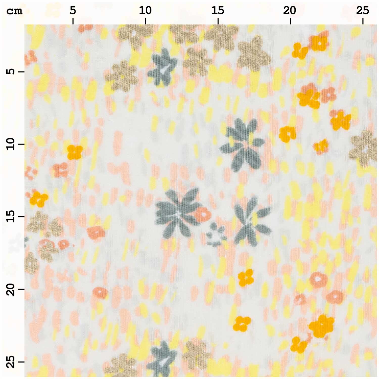 Musselin-Druckstoff mit Blumenmuster in Grau-Metallic von Rico Design, zeigt bunte Blumenwiese.