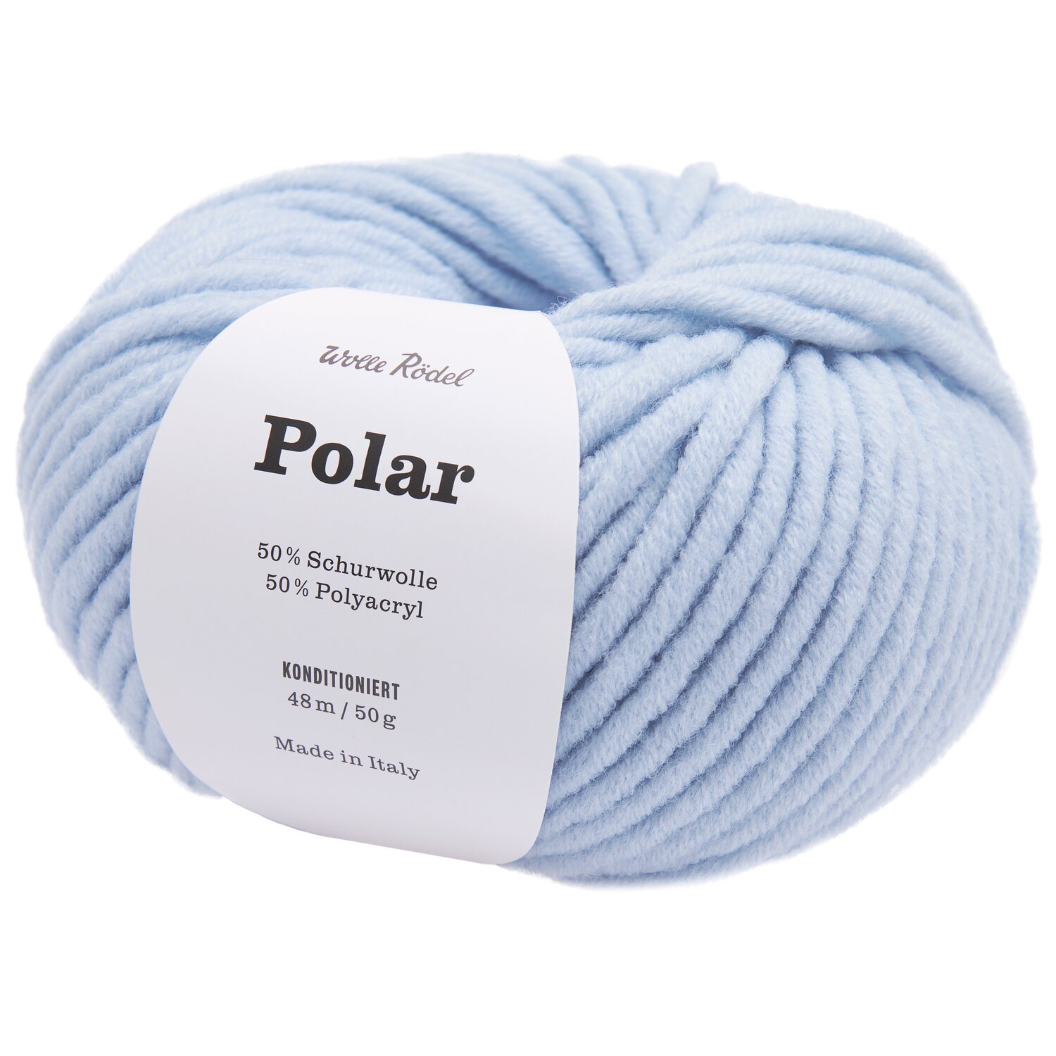 Garn "Polar" in Hellblau von Wolle Rödel, 50g Knäuel aus 50% Schurwolle und 50% Polyacryl. Ideal für Strickprojekte.