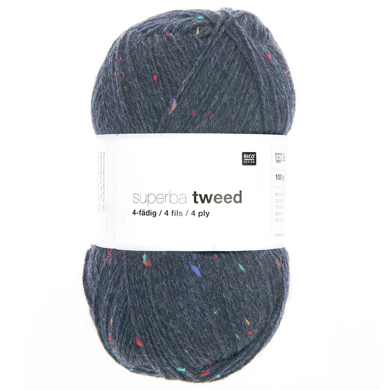 Superba Tweed 4-fädig Garn in Marineblau mit bunten Sprenkeln, 100g, 375m, von Rico Design.