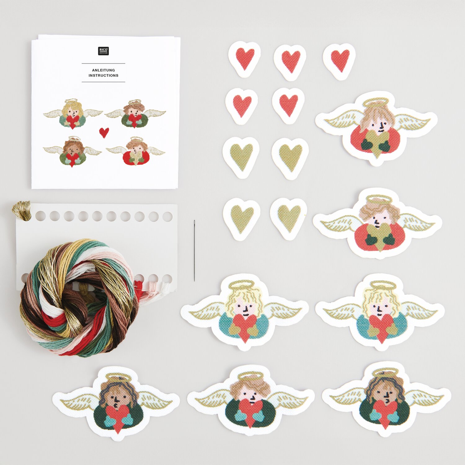Stick & Stitch Stickpackung Engel mit Herzen 16 Stück, bunte Stickgarn und Engel-Motive.