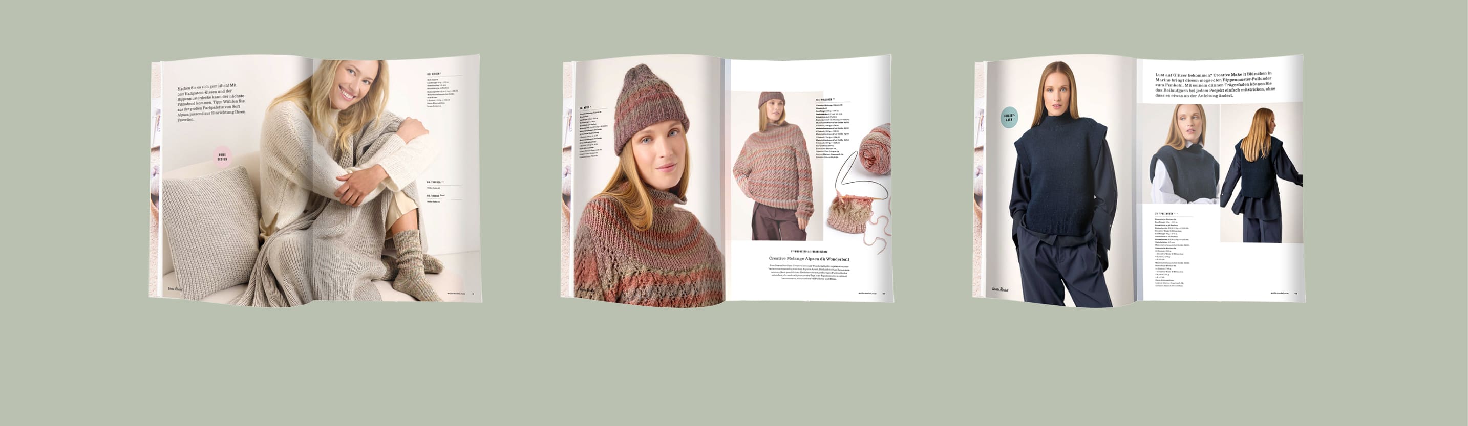 Drei verschiedene aufgeschlagene Seiten aus Die Neue Masche Nr. 13.