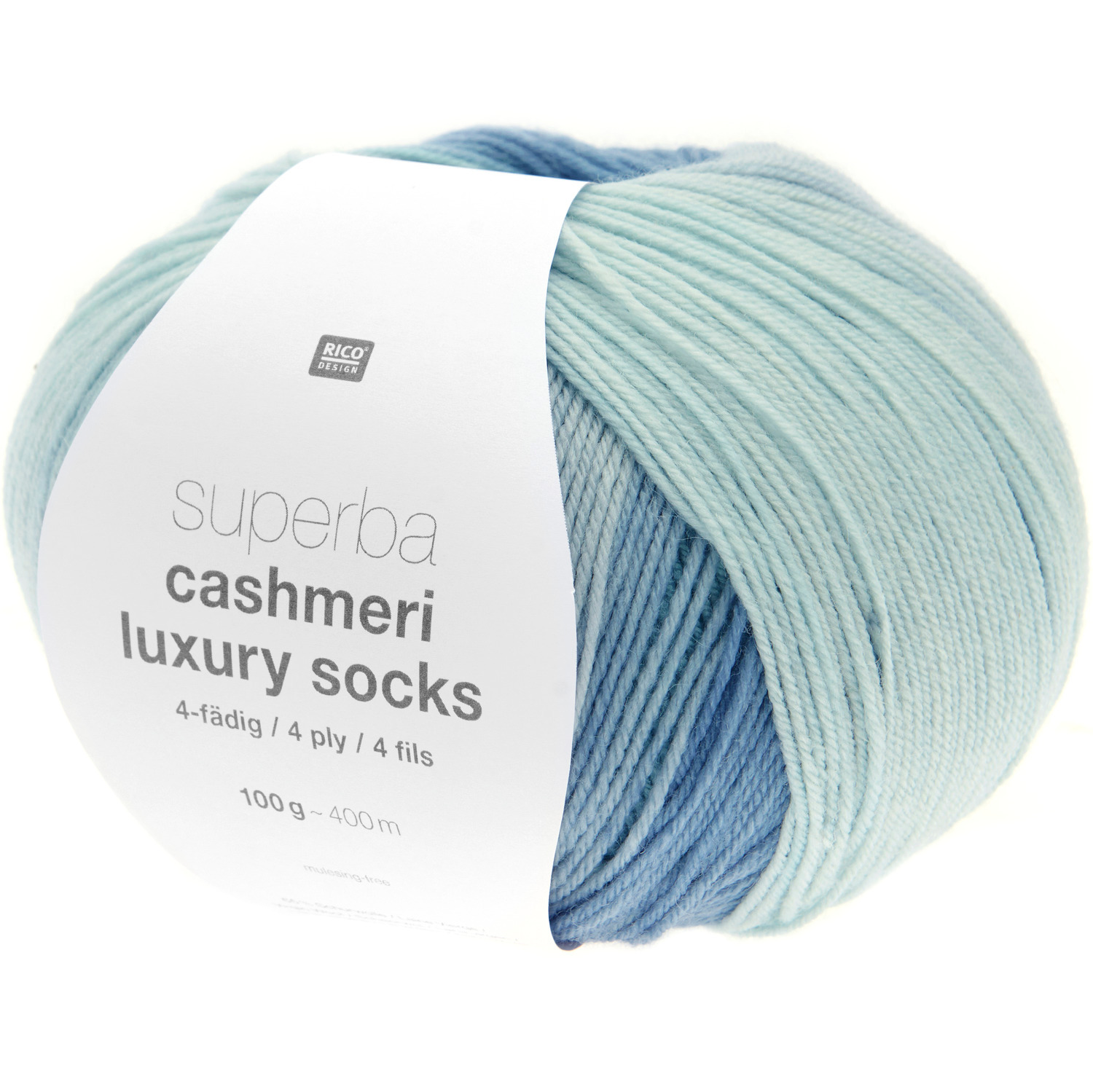 Superba Cashmeri Luxury Socks 4fädig, weiches Garn in Blau- und Grüntönen, 100g 400m, ideal für hochwertige Strickprojekte.