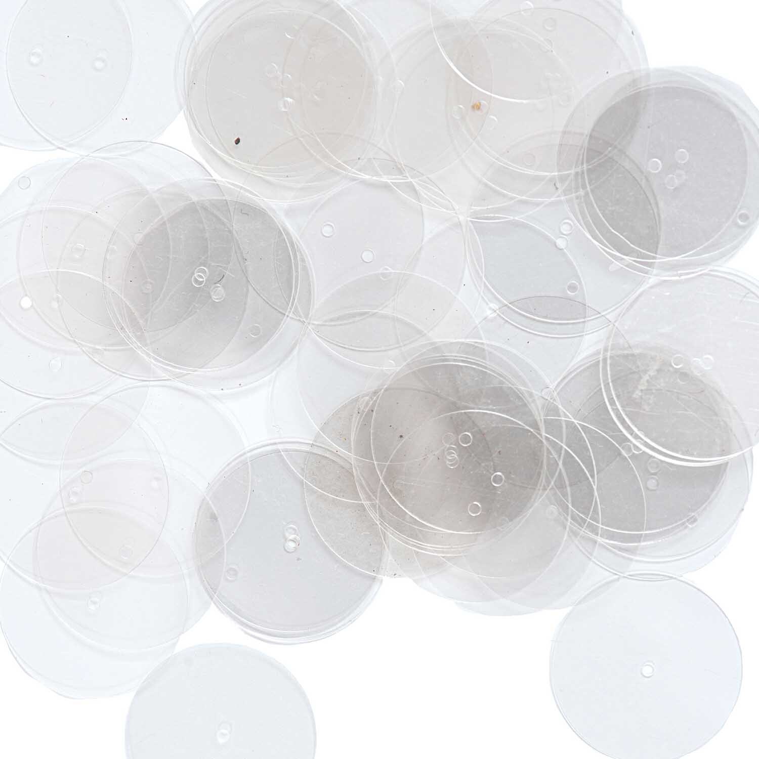 Pailletten zum Aufnähen 20mm 5g von Rico Design, transparente runde Pailletten auf weißem Hintergrund.