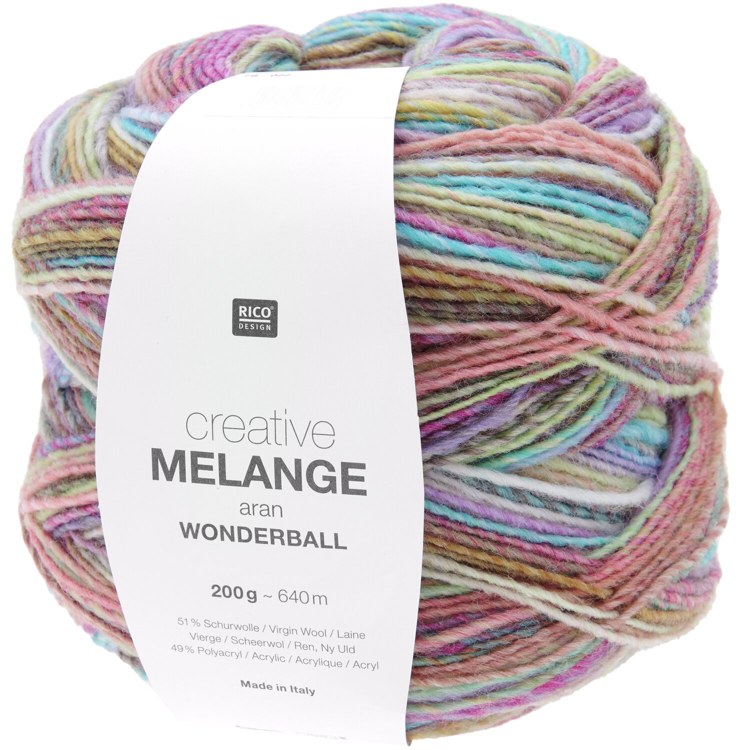 Creative Melange aran Wonderball 200g 640m Farbe Pastell von Rico Design Creative Melange aran Wonderball: Bunter Pastellgarn von Rico Design, 200g, 640m, ideal für Strickprojekte.