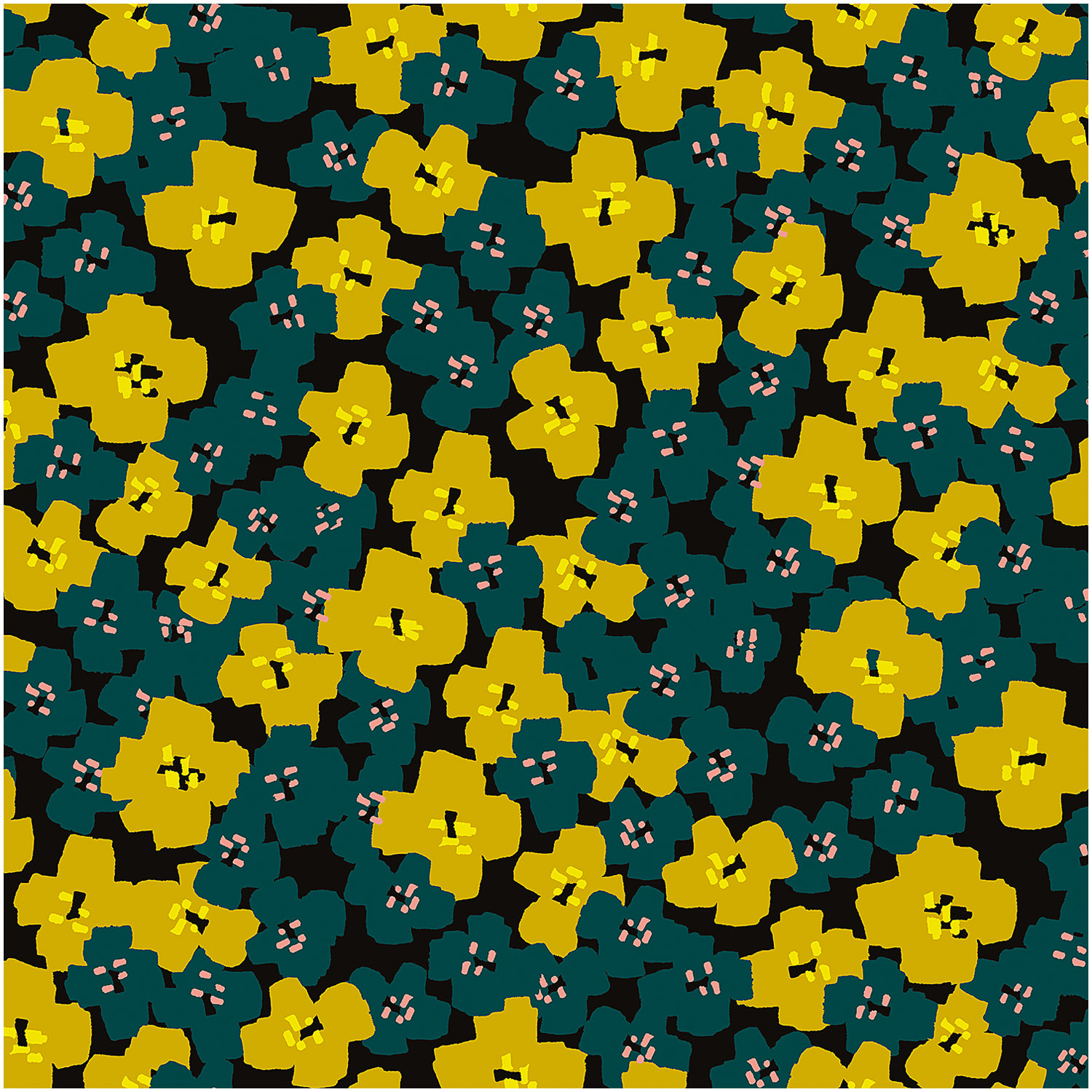 Druckstoff Okina Hana mit gelben und grünen Blumen auf schwarzem Hintergrund, von Rico Design.