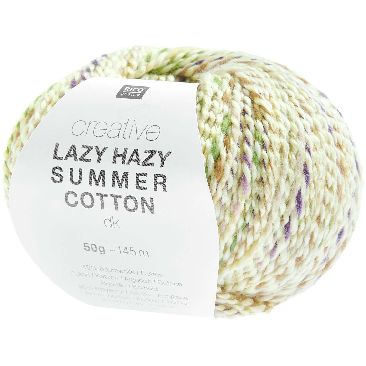 Creative Lazy Hazy Summer Cotton dk: Bunte Garnrolle von Rico Design, 50g, 145m, ideal für Sommerprojekte.