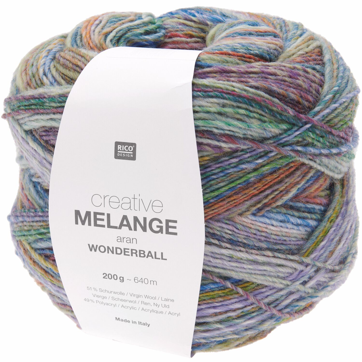 Creative Melange aran Wonderball 200g 640m Farbe Retro von Rico Design Creative Melange aran Wonderball: Bunte Garnrolle von Rico Design, 200g, 640m, Retro-Stil.