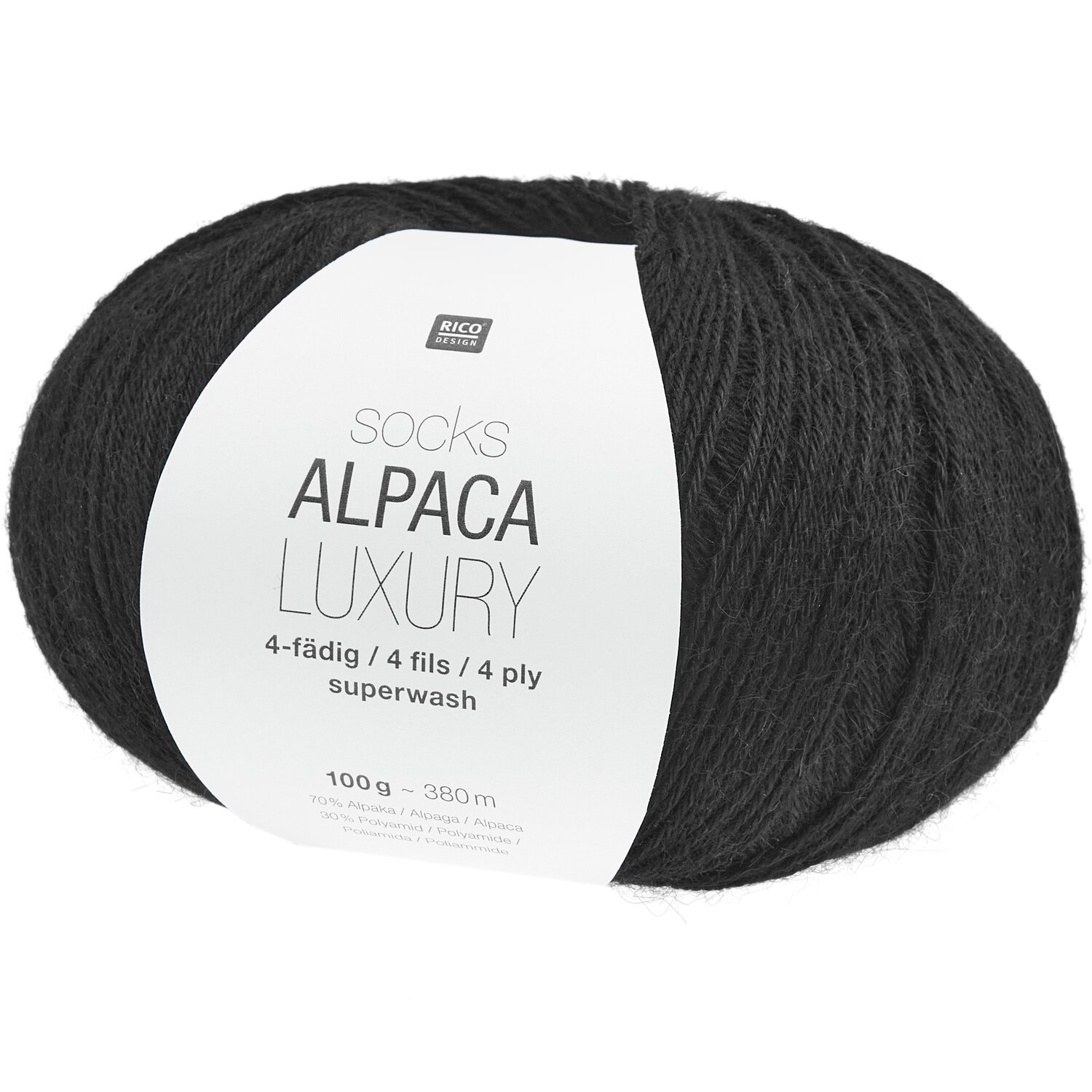 Socks Alpaca Luxury 4-fädig, schwarze Wolle von Rico Design, 100g, 380m, ideal für Strickprojekte.