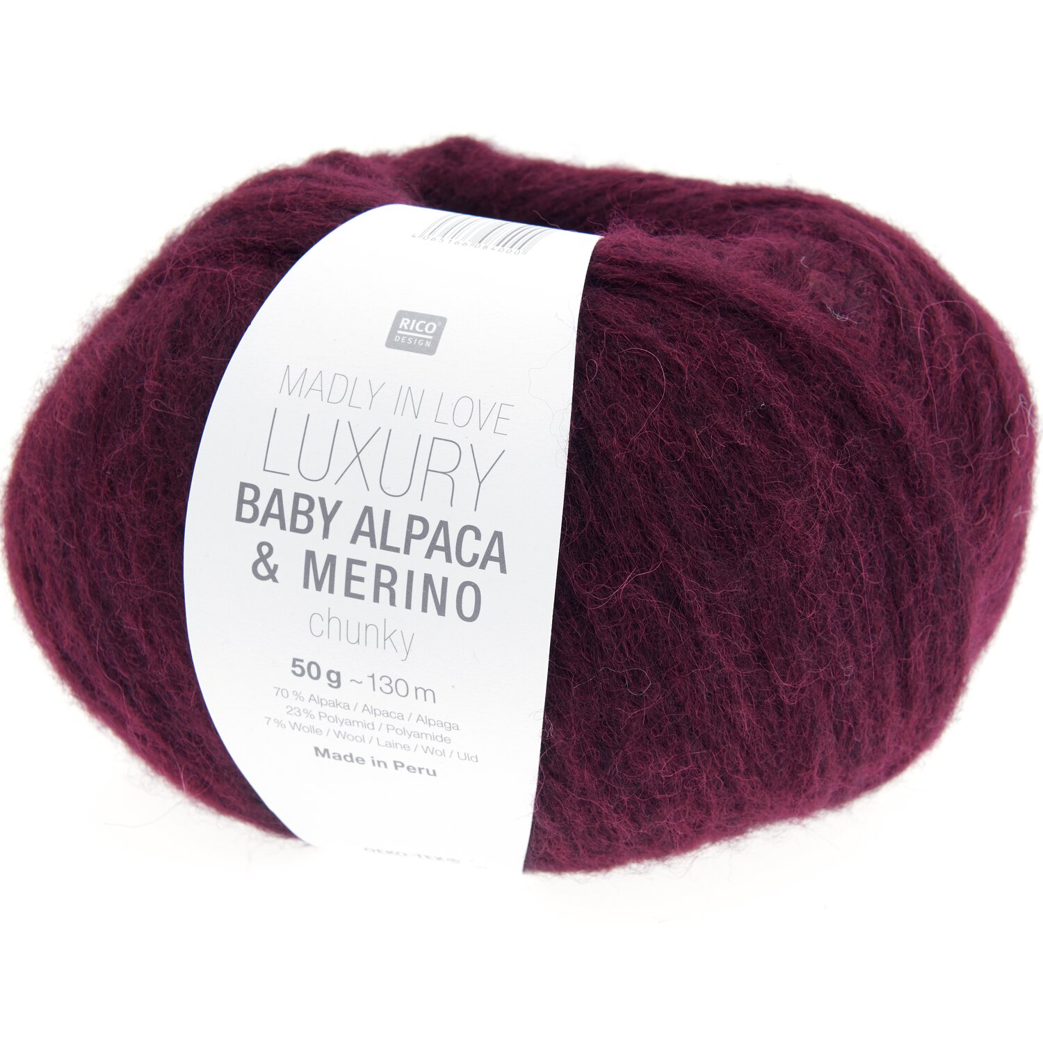 Luxury Baby Alpaca & Merino chunky Wolle in Bordeaux von Rico Design, 50g, 130m, ideal für Strickprojekte.