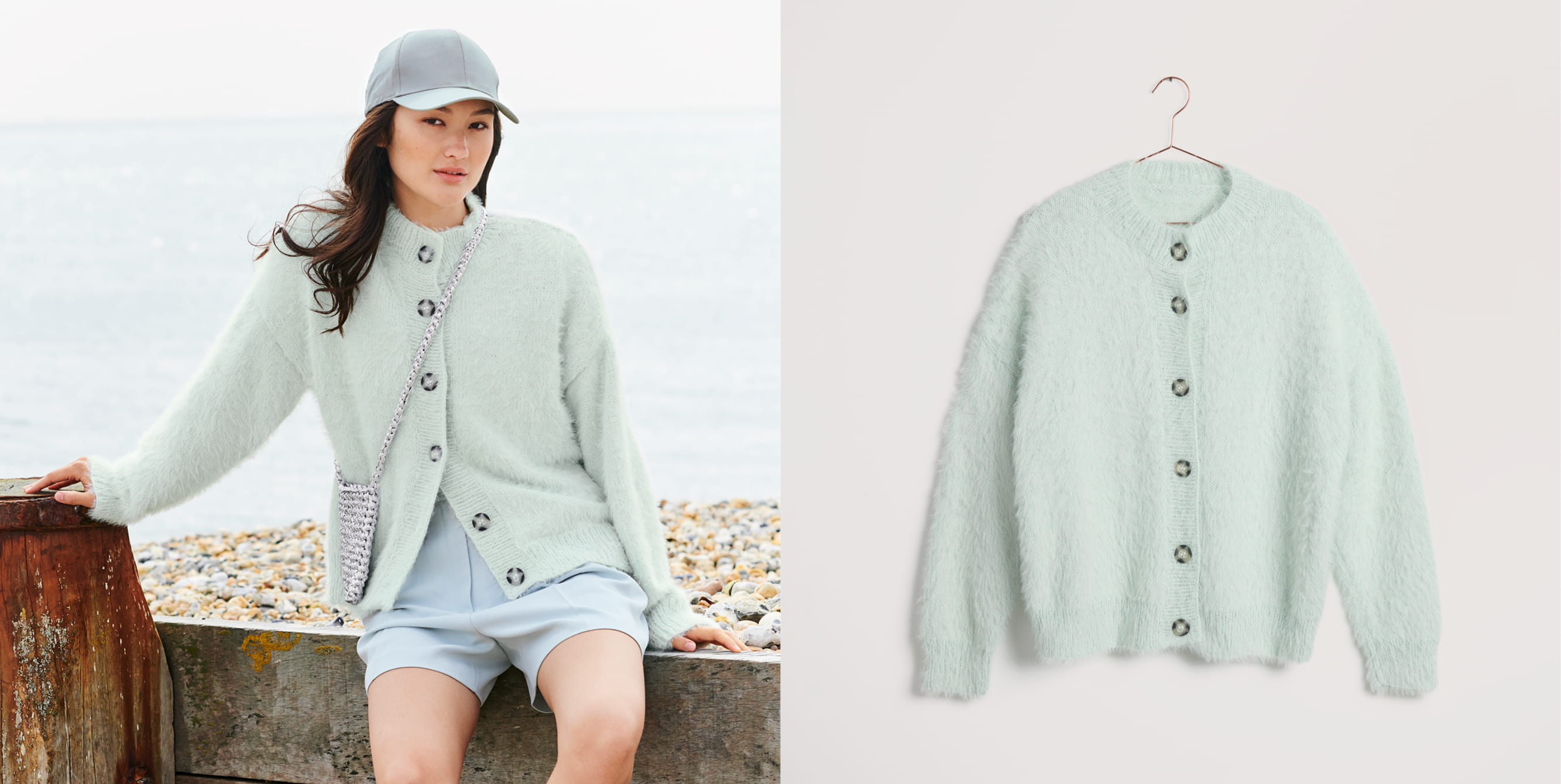 Gestrickte Jacke Modell 27 aus Lovewool No. 22 getragen von einer Frau und platziert auf einem Bügel.