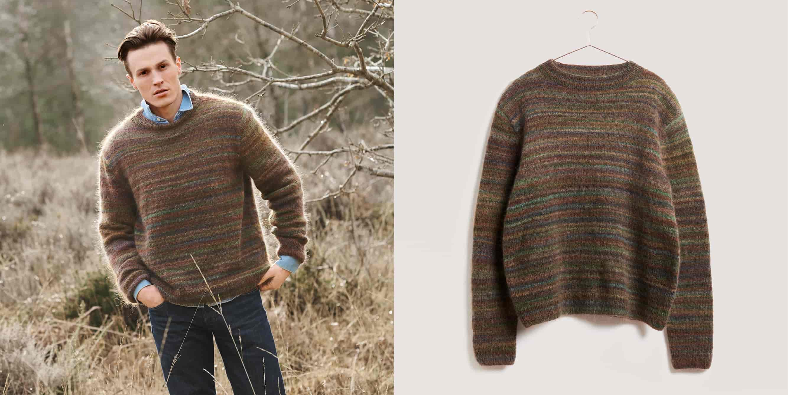 Gestrickter Pullover Modell 09 aus Lovewool No. 21 getragen an männlichem Model und auf einem Bügel