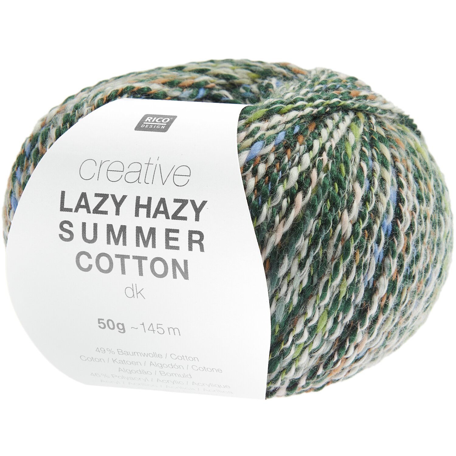 Creative Lazy Hazy Summer Cotton dk: Bunte Strickwolle von Rico Design, 50g, 145m, ideal für sommerliche Projekte.