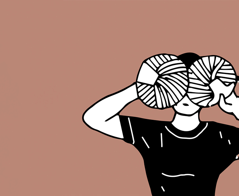 Brauner Banner mit Abbildung einer Person im Comic Style. Person hält sich zwei Wollknäuel vors Gesicht.