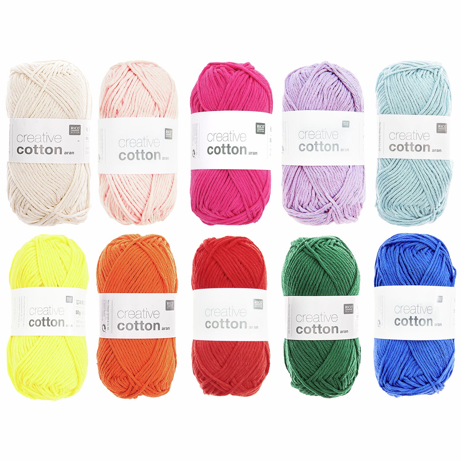 Wollpaket Creative Cotton aran Rainbow, 10x50g, in lebendigen Farben von Rico Design. Ideal für kreative Strickprojekte.