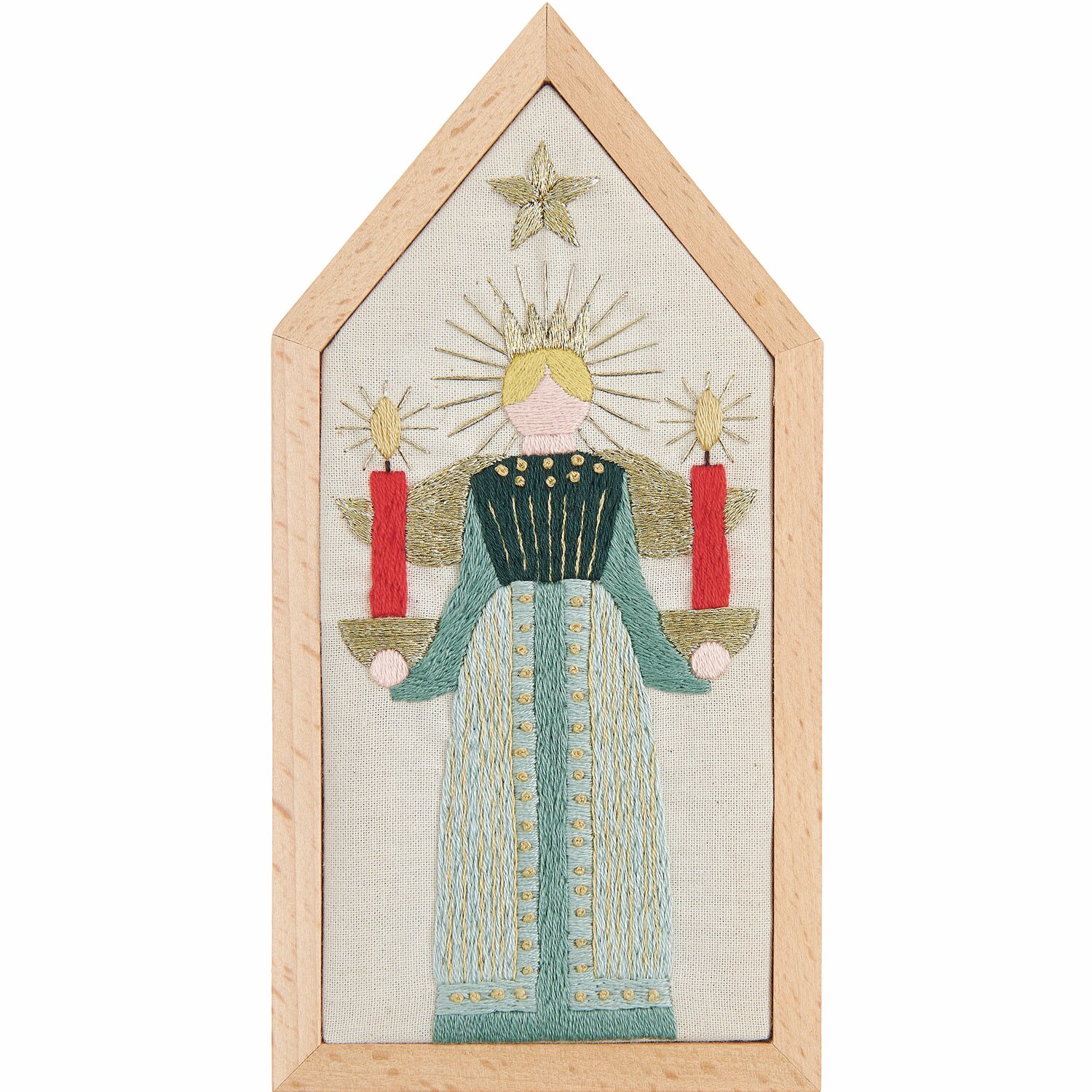 Stickpackung Engel vorgezeichnet 9x18cm von Rico Design Stickpackung Engel vorgezeichnet: Ein Engel mit Kerzen, gestickt auf Stoff, in Holzrahmen. Größe 9x18cm.