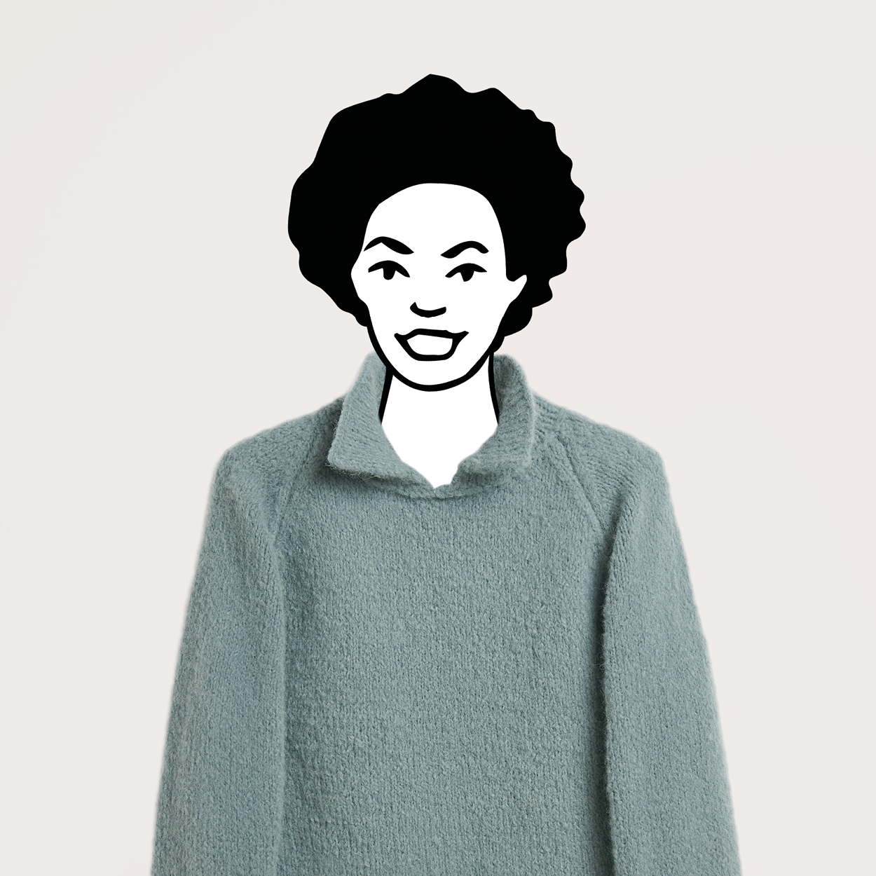 Schwarz-weiß gezeichnete Frau trägt einen blauen gestrickten Pullover mit Kragen. Flatlay von Produkt.