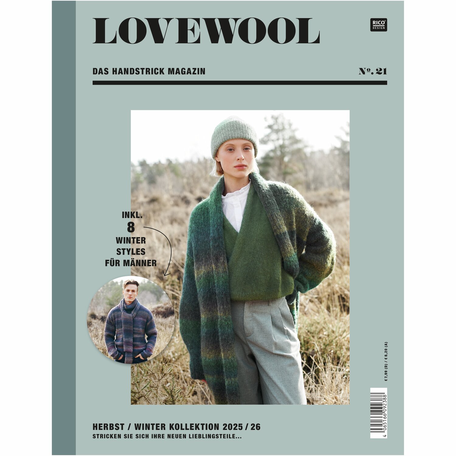Titelbild des Magazins "Lovewool No. 21 Herbst-Winter" von Rico Design. Eine Frau trägt einen grünen Pullover und eine gestrickte Mütze. Enthält 8 Winterstyles für Männer.