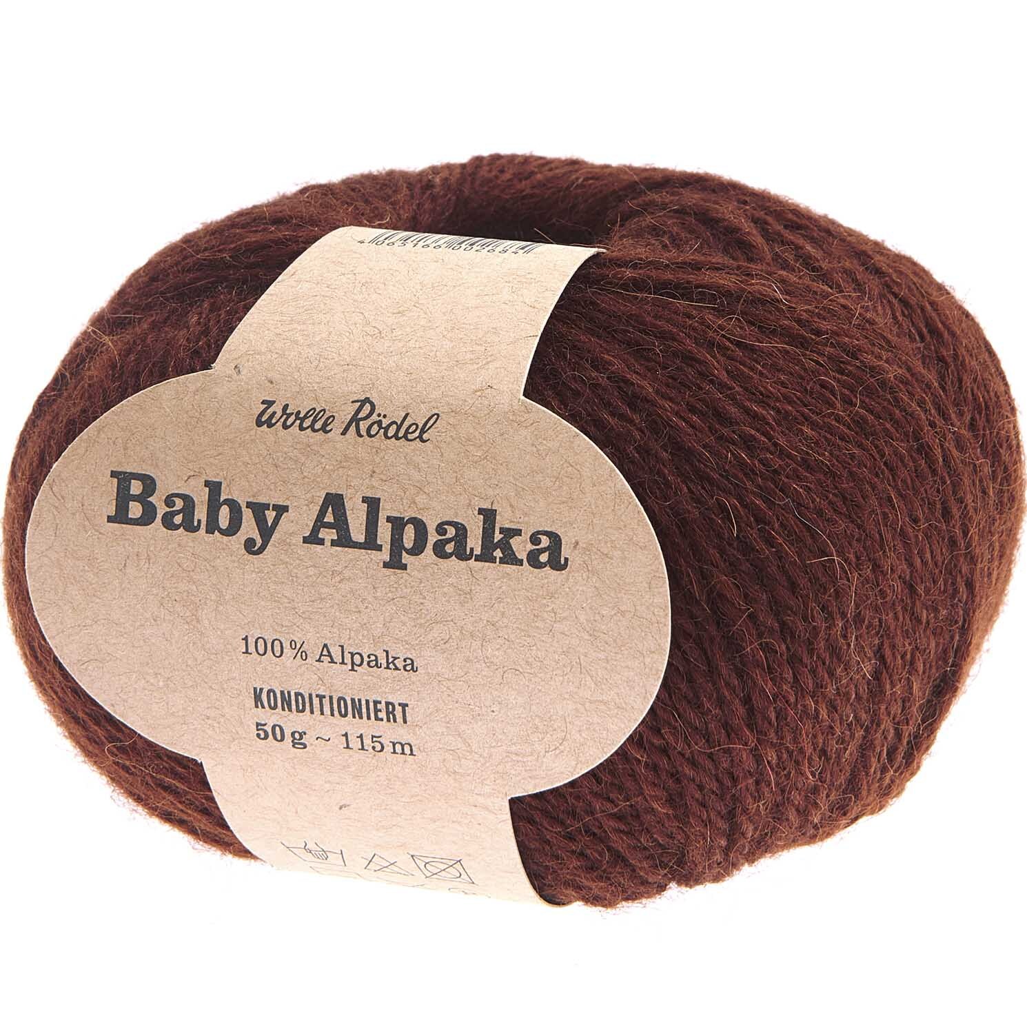 Baby Alpaka Wolle in Zimt von Wolle Rödel, 50g Knäuel, 115m Länge, ideal für Strickprojekte.